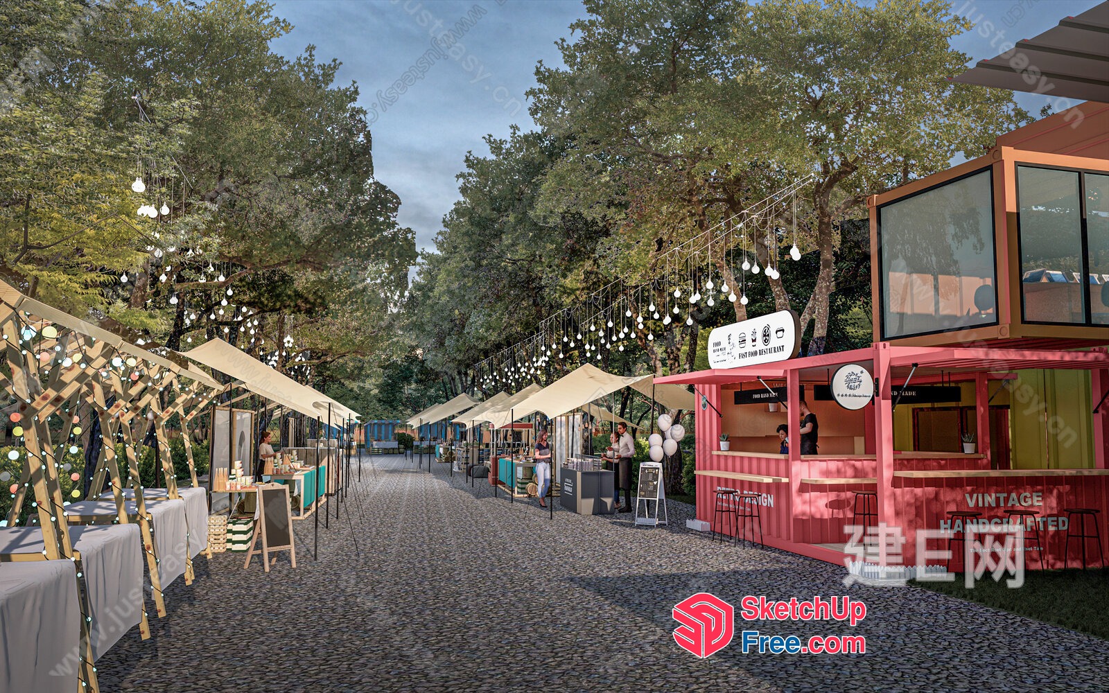Outdoor Night Market With Food Trucks And Vintage Decor 3D SketchUp File