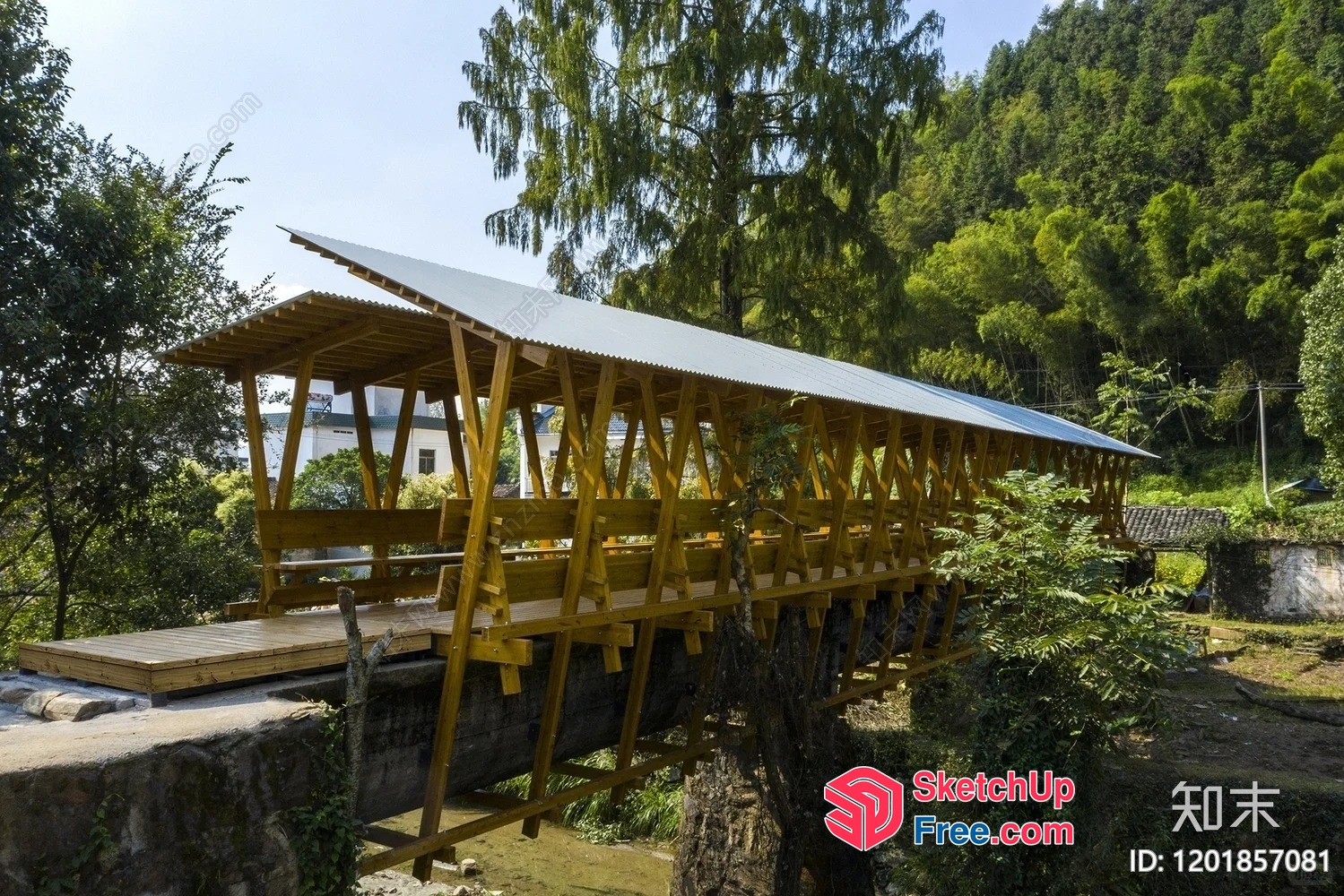 Wooden Bridge With Covered Walkway And Roof 3D SketchUp File