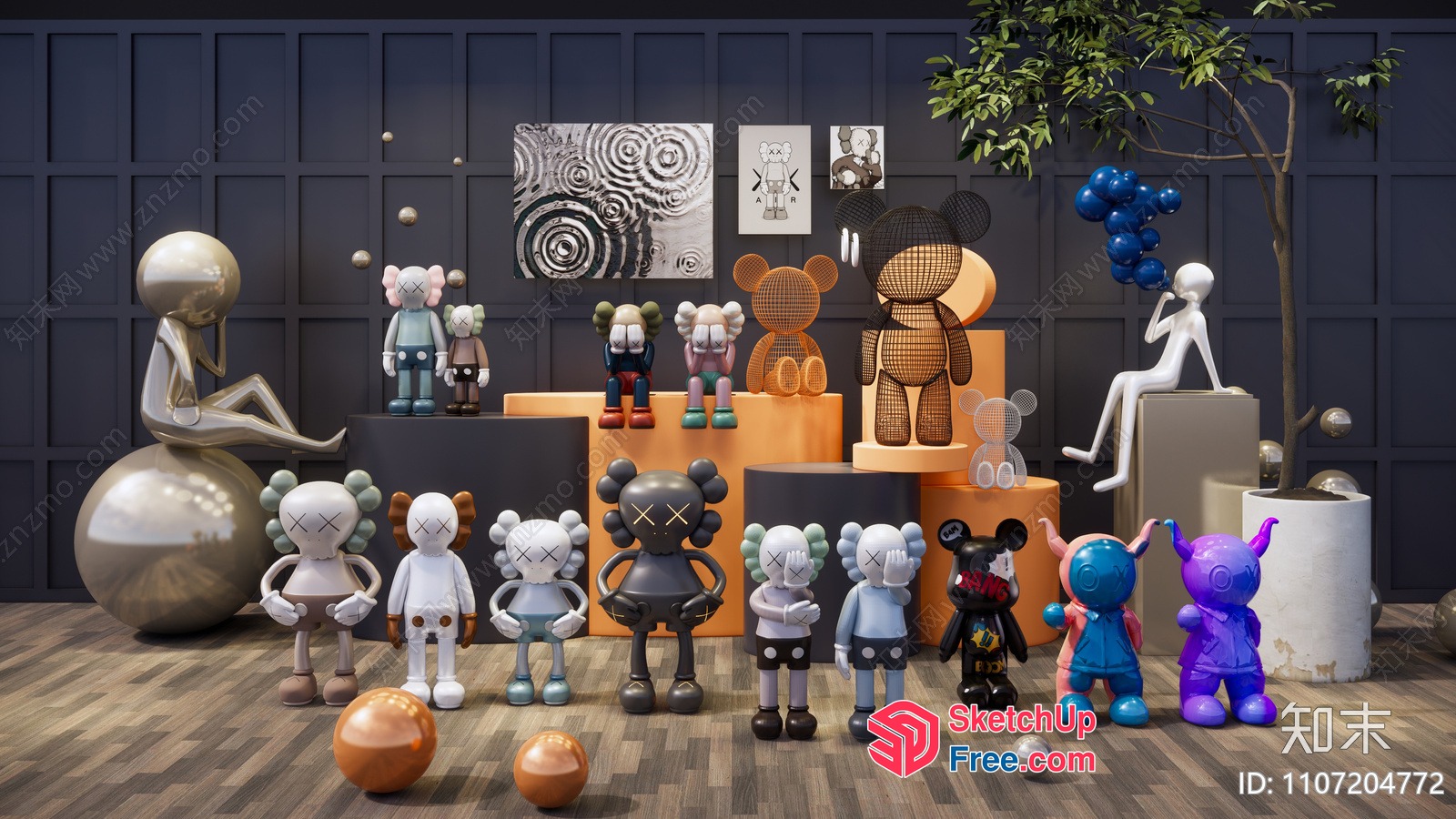 Colorful Figurine Display In Modern Art Gallery 3D SketchUp File