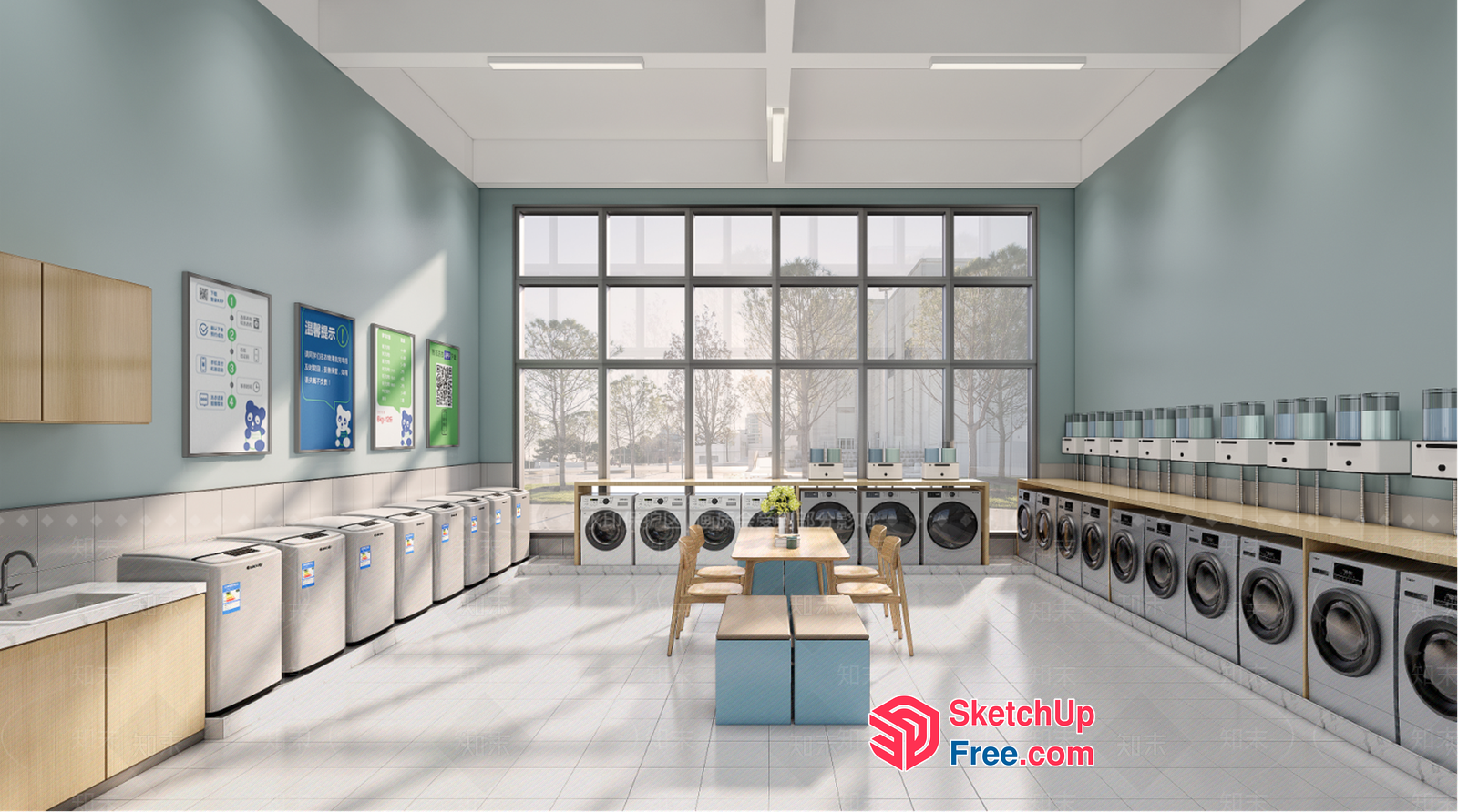 Modern Laundromat Interior With Large Windows 3D SketchUp File