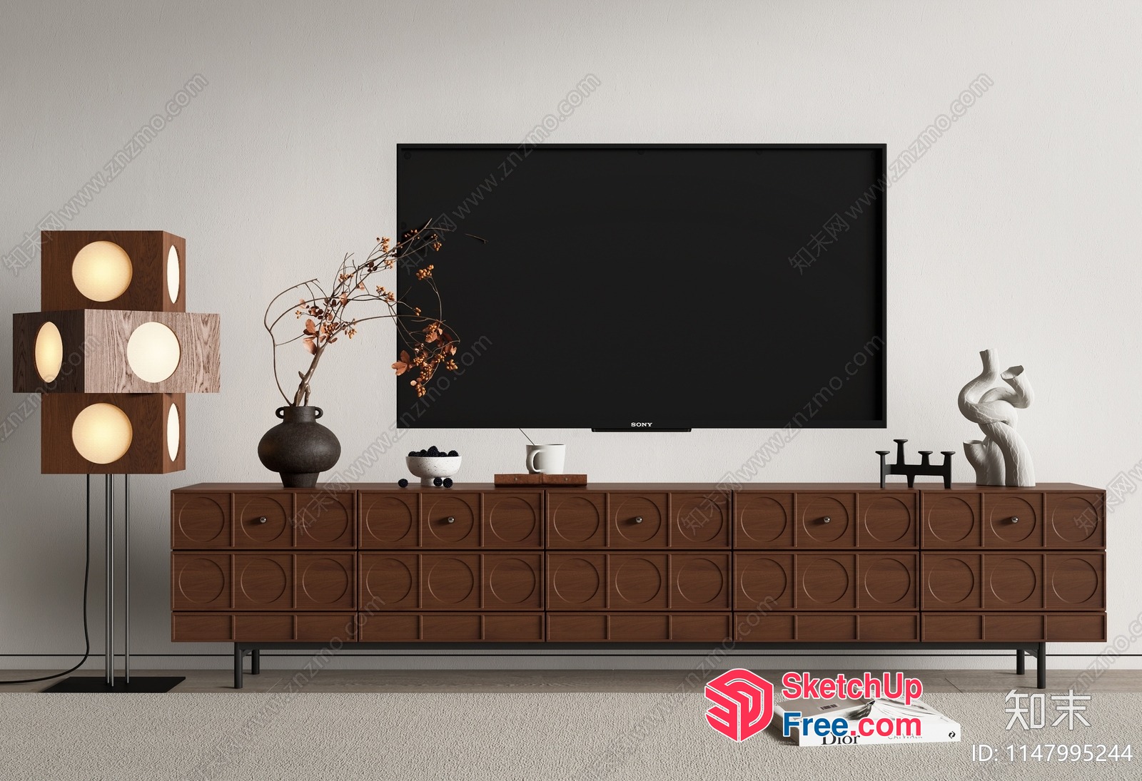 Mid-Century Modern Tv Console With Brown Furniture And Decor 3D SketchUp File