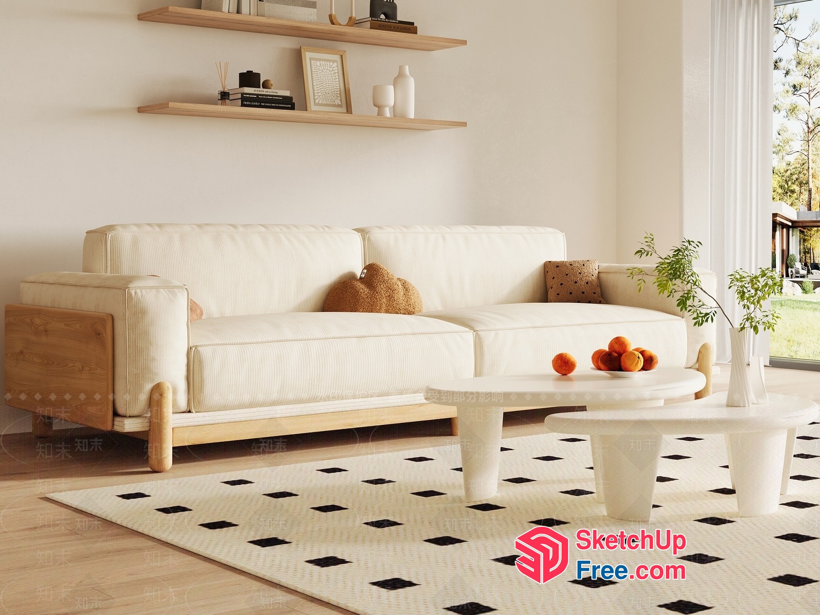 Modern Minimalist White Living Room With Natural Wood Accents 3D SketchUp File