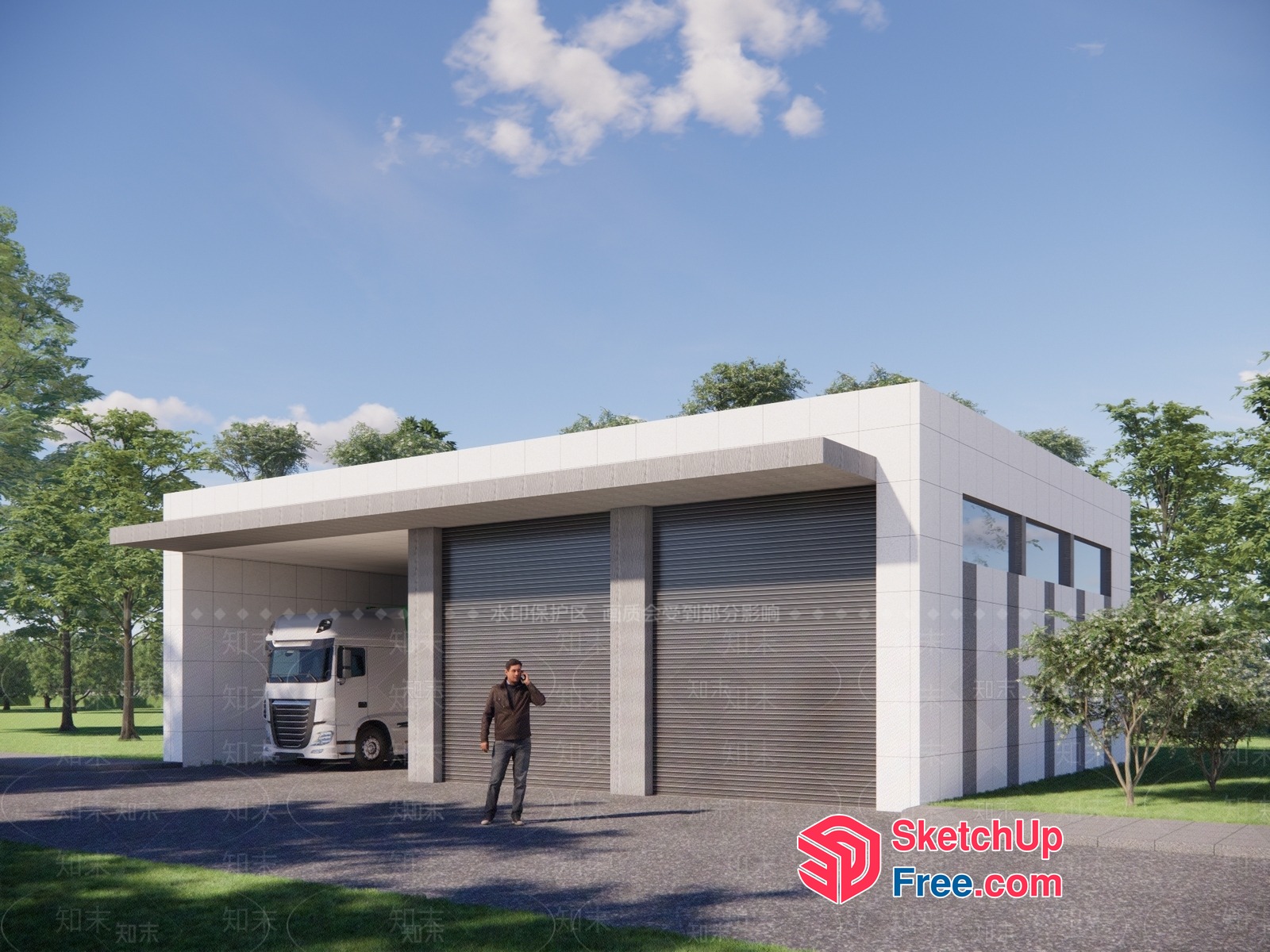 Modern Garage With Truck And Man Standing Outside 3D SketchUp File