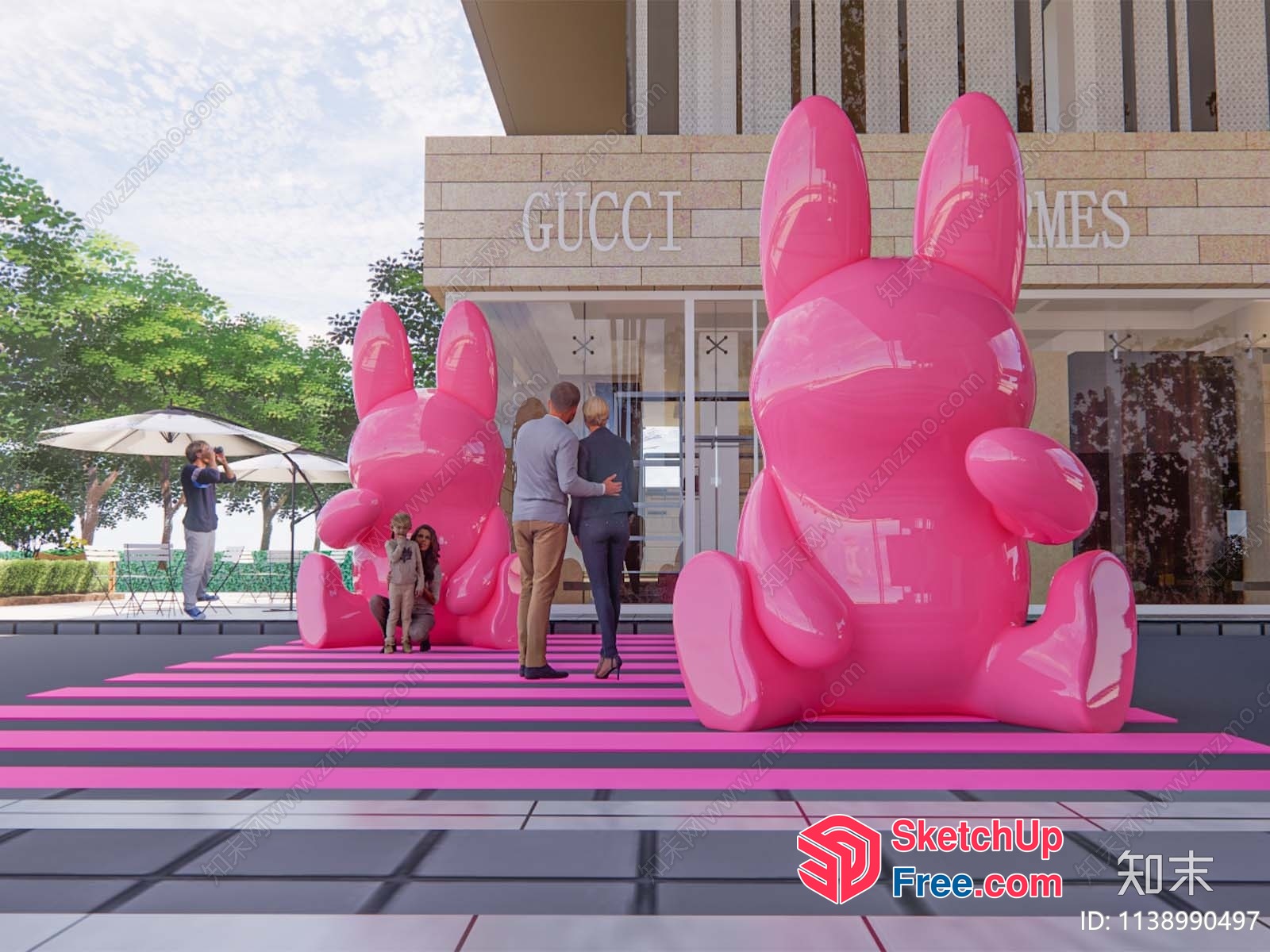 Two Large Pink Rabbits In Front Of A Gucci Store 3D SketchUp File