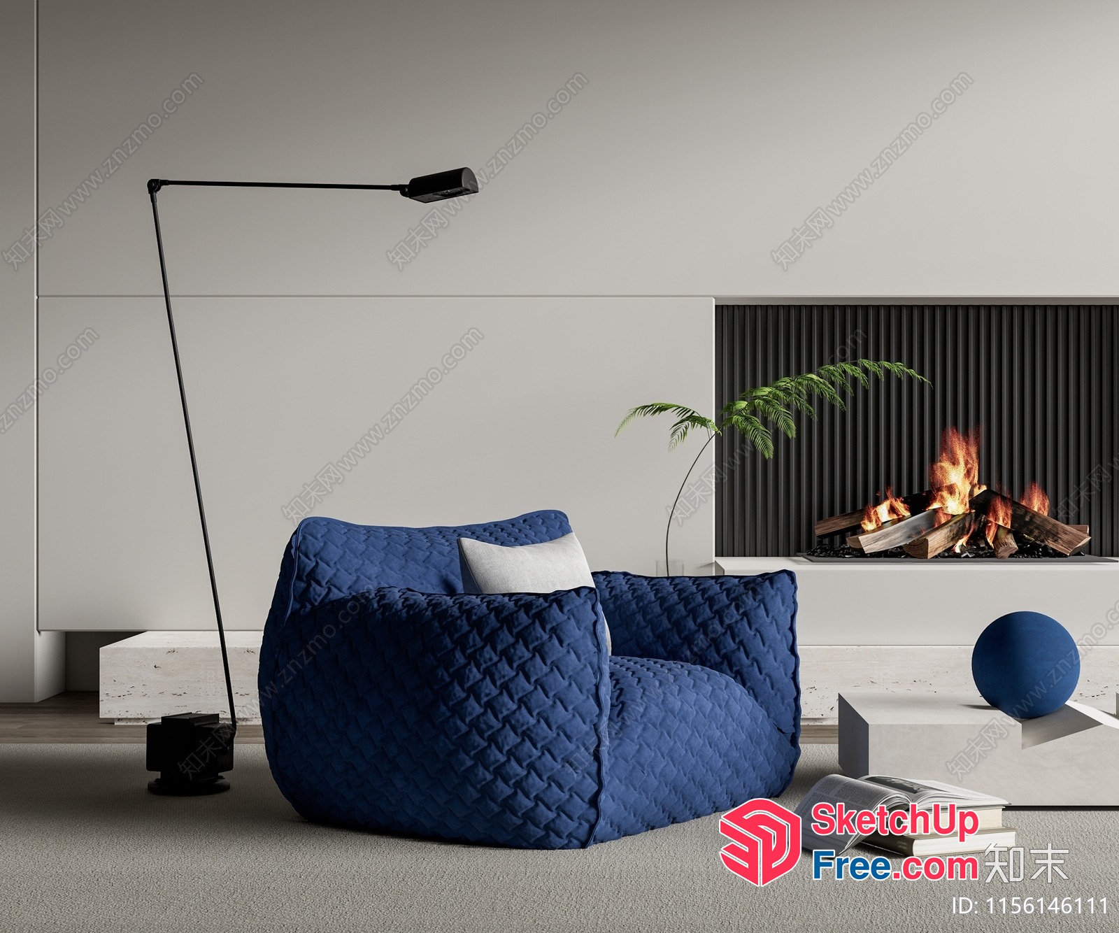 Cozy Living Room With Fireplace And Blue Furniture 3D SketchUp File
