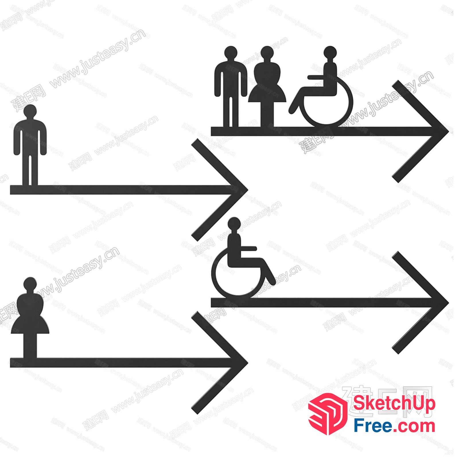 Black Silhouettes Of People And Wheelchair Icons On Arrows 3D SketchUp File