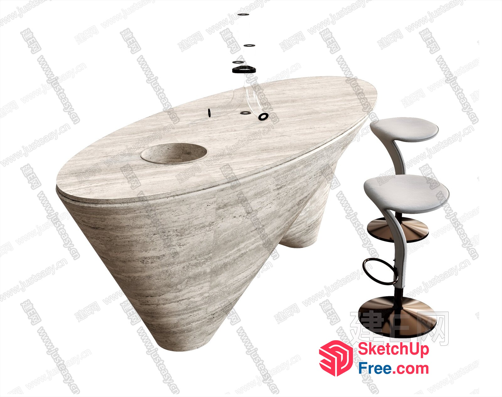 Modern Stone Bar Table With Two Stools 3D SketchUp File