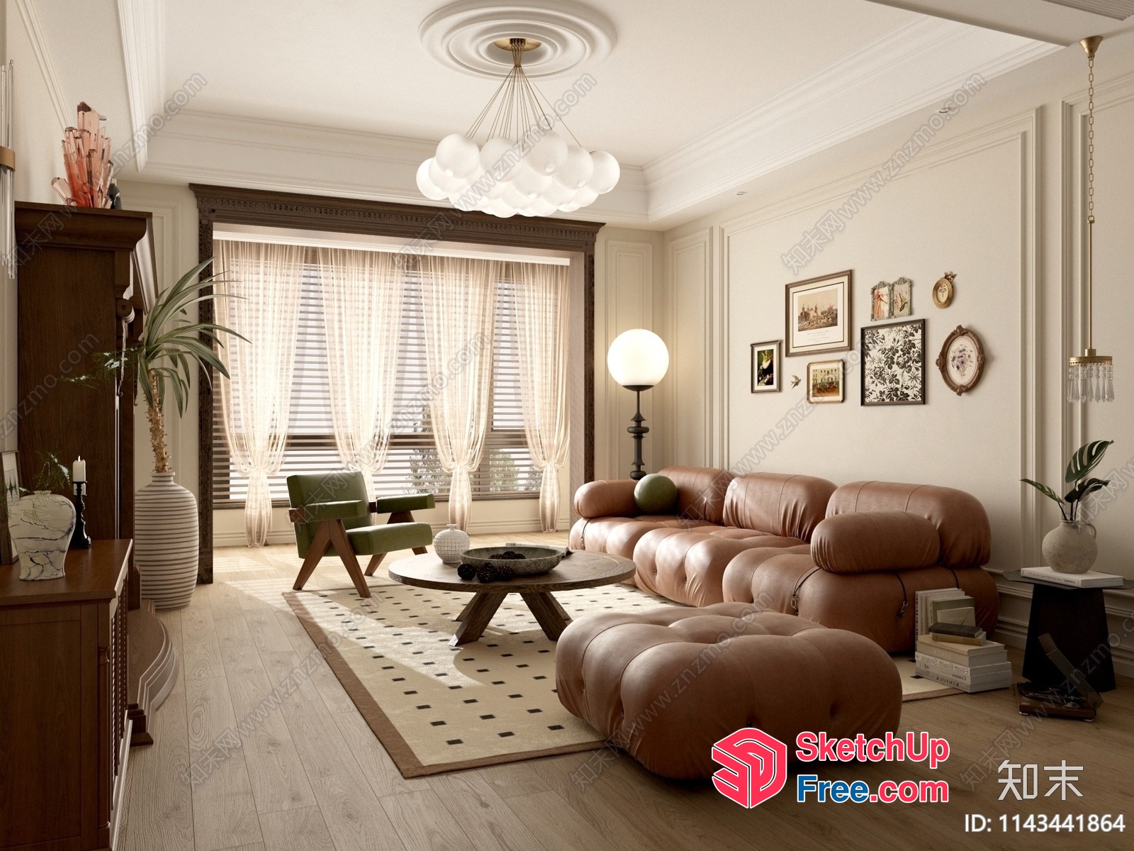 Elegant Creamy Style Living Room With Leather Sofa 3D SketchUp File