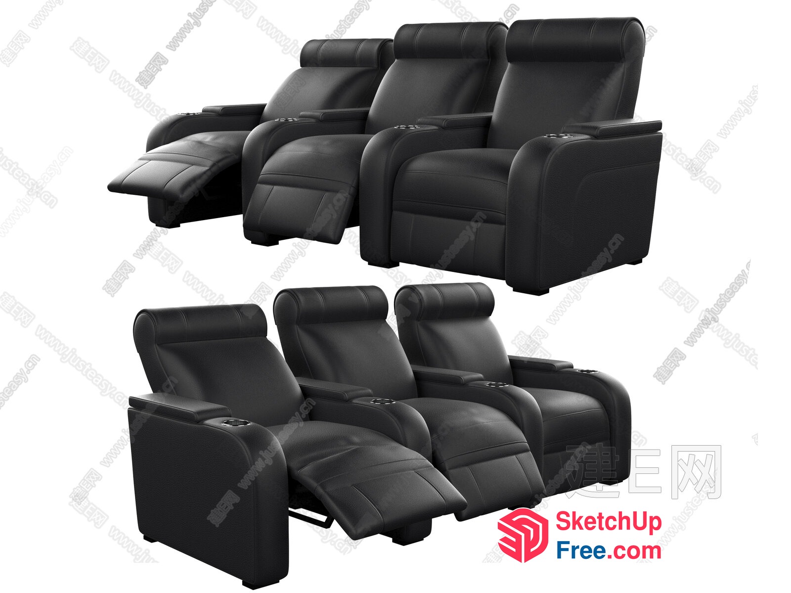 Reclining Black Leather Theater Seating 3D SketchUp File