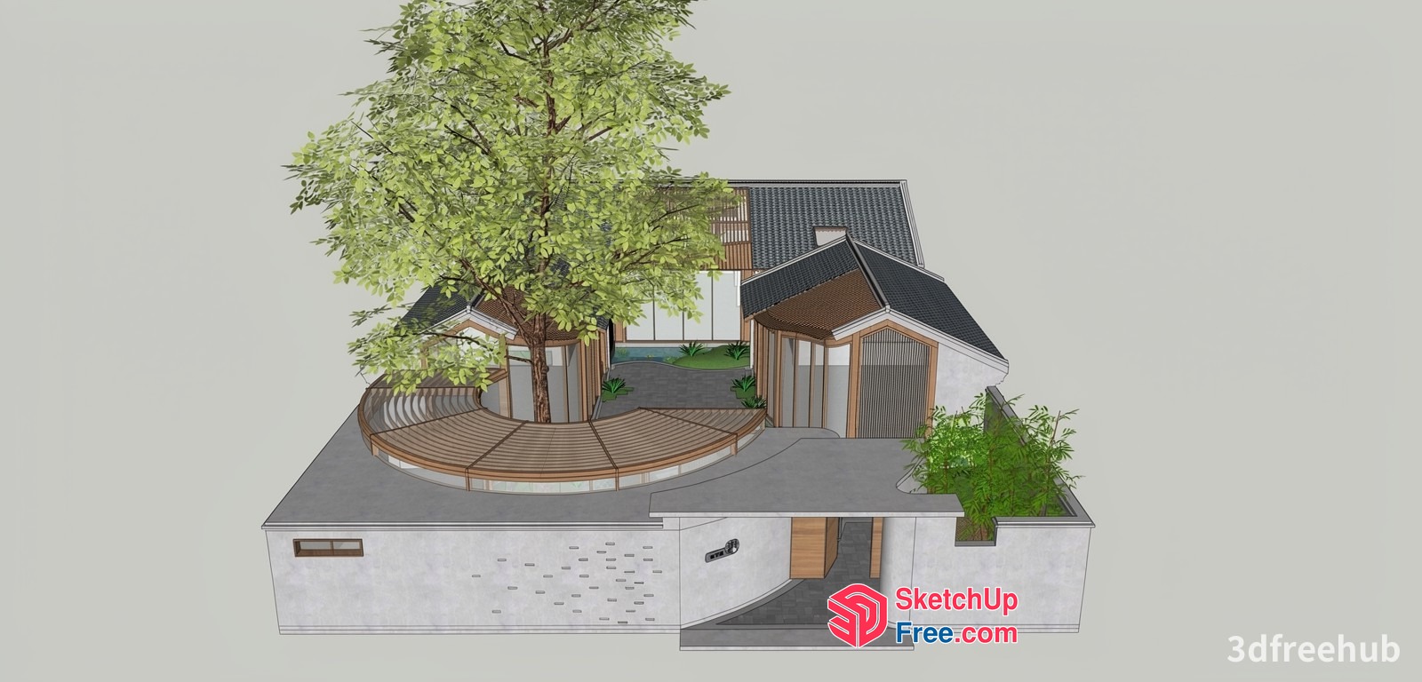 Japanese Style Villa With A Tree And A Bench 3D SketchUp File