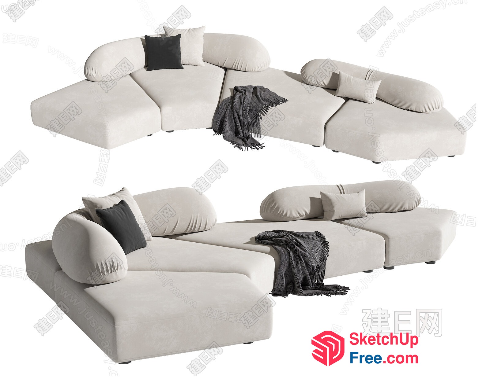 Modern Minimalist Corner Sofa With Pillows And Throw 3D SketchUp File