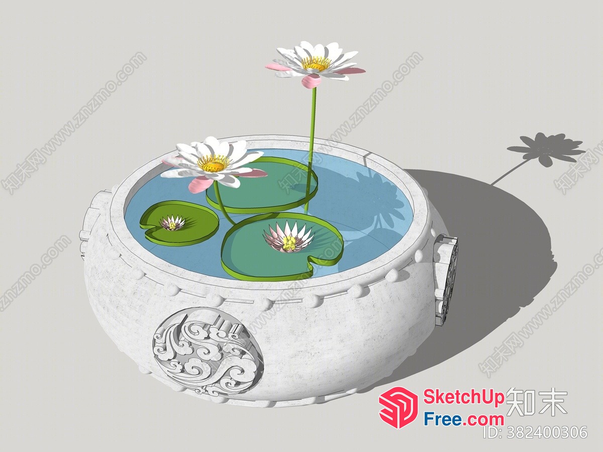 Water Lily Pond In A White Stone Bowl 3D SketchUp File