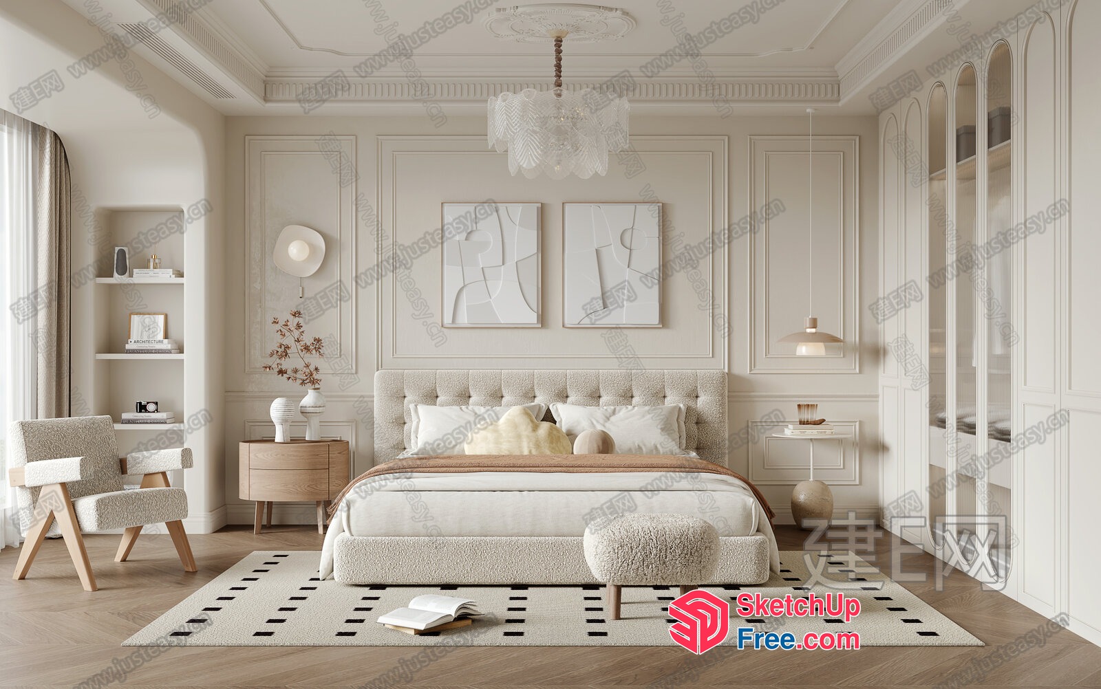Modern Minimalist Creamy Style Bedroom Interior 3D SketchUp File