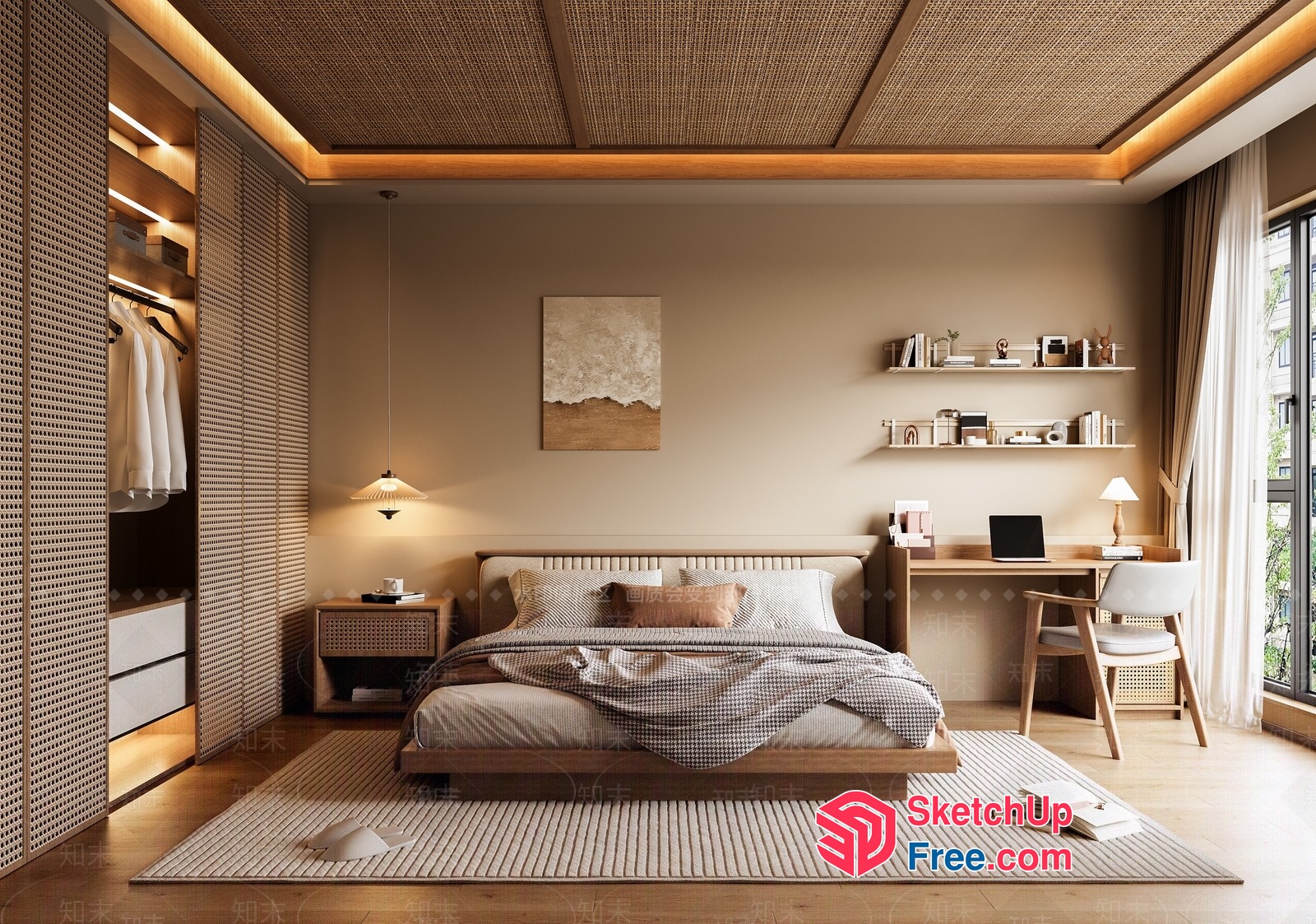 Elegant Japanese-Style Bedroom With Natural Materials 3D SketchUp File