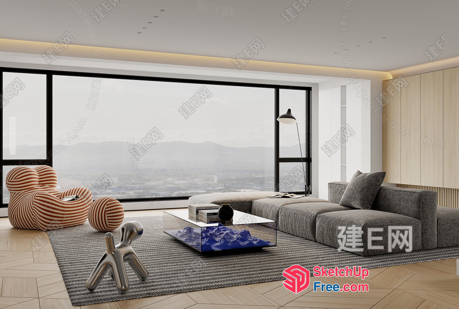 Modern Living Room With Minimalist Decor And Stunning City View 3D SketchUp File