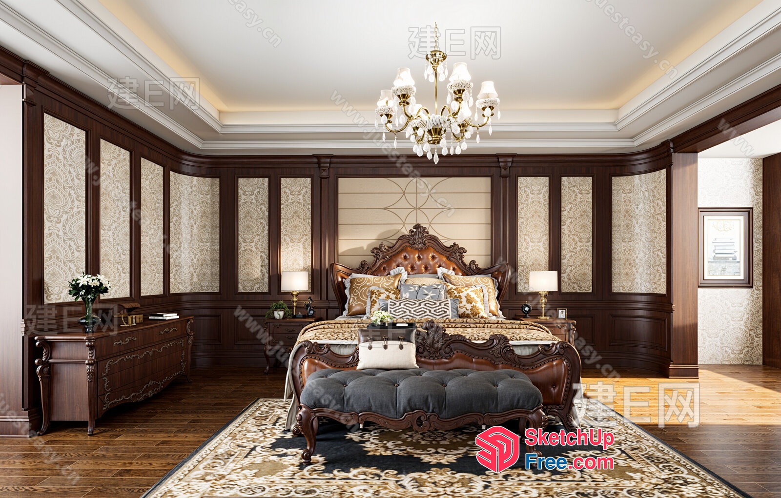 Elegant Traditional Bedroom With Ornate Furniture 3D SketchUp File