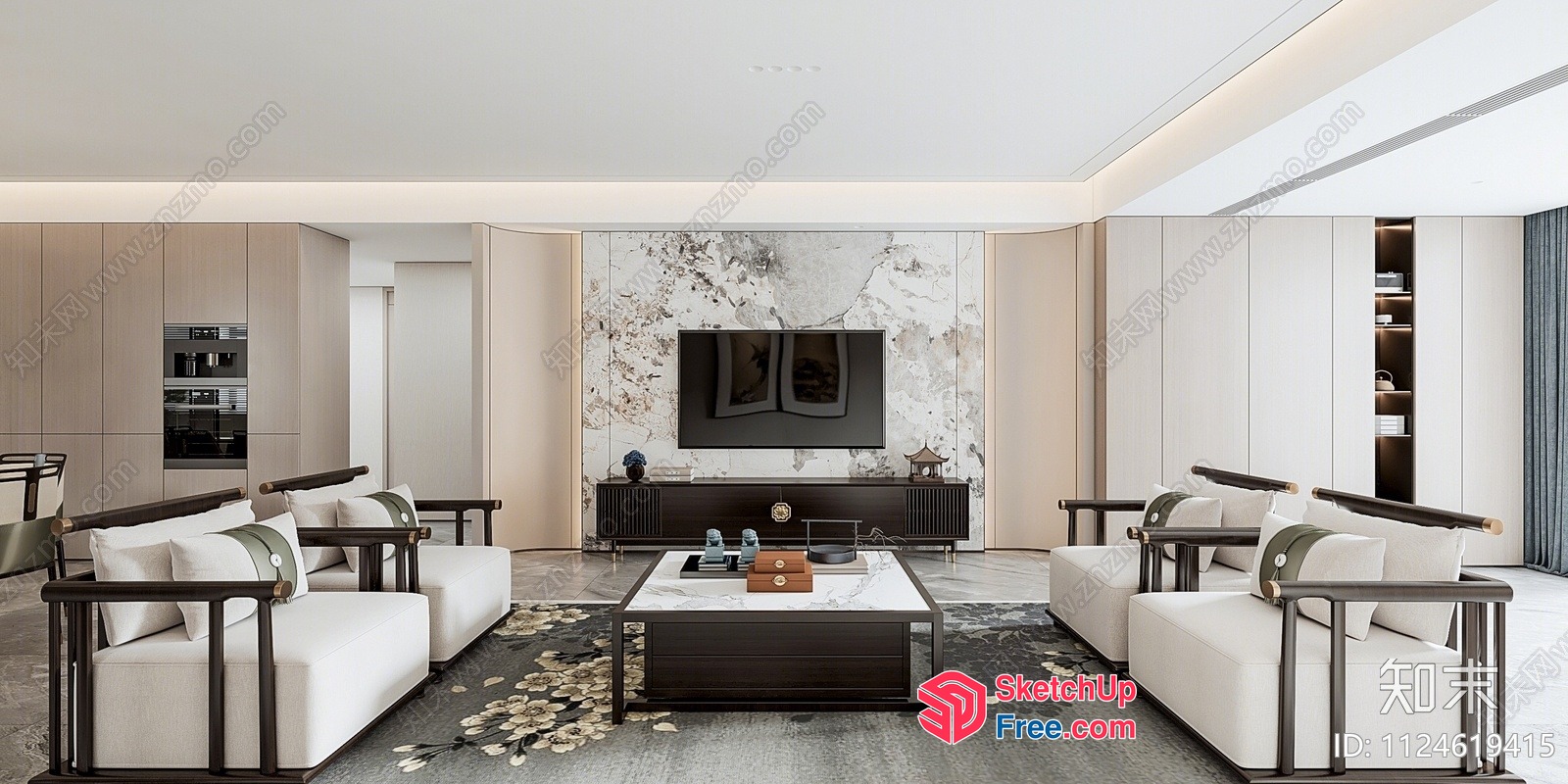 Modern Minimalist Living Room With White Furniture And Marble Accents 3D SketchUp File
