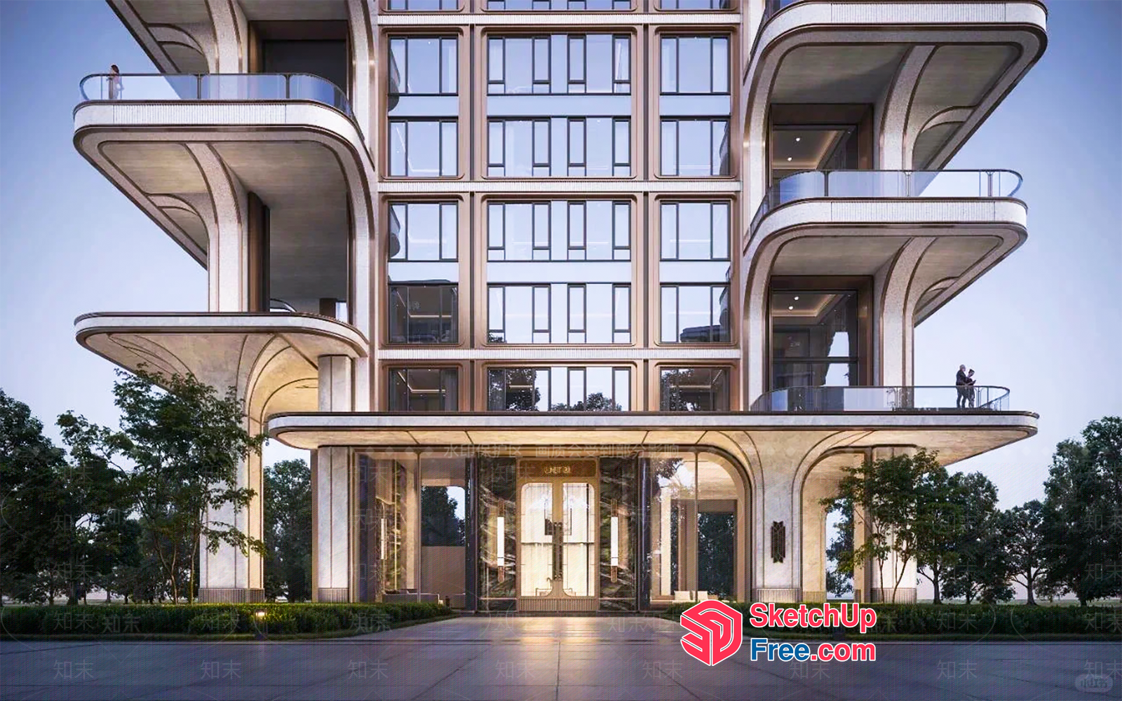 Modern Building With Curved Balconies And Glass Curtain Wall 3D SketchUp File