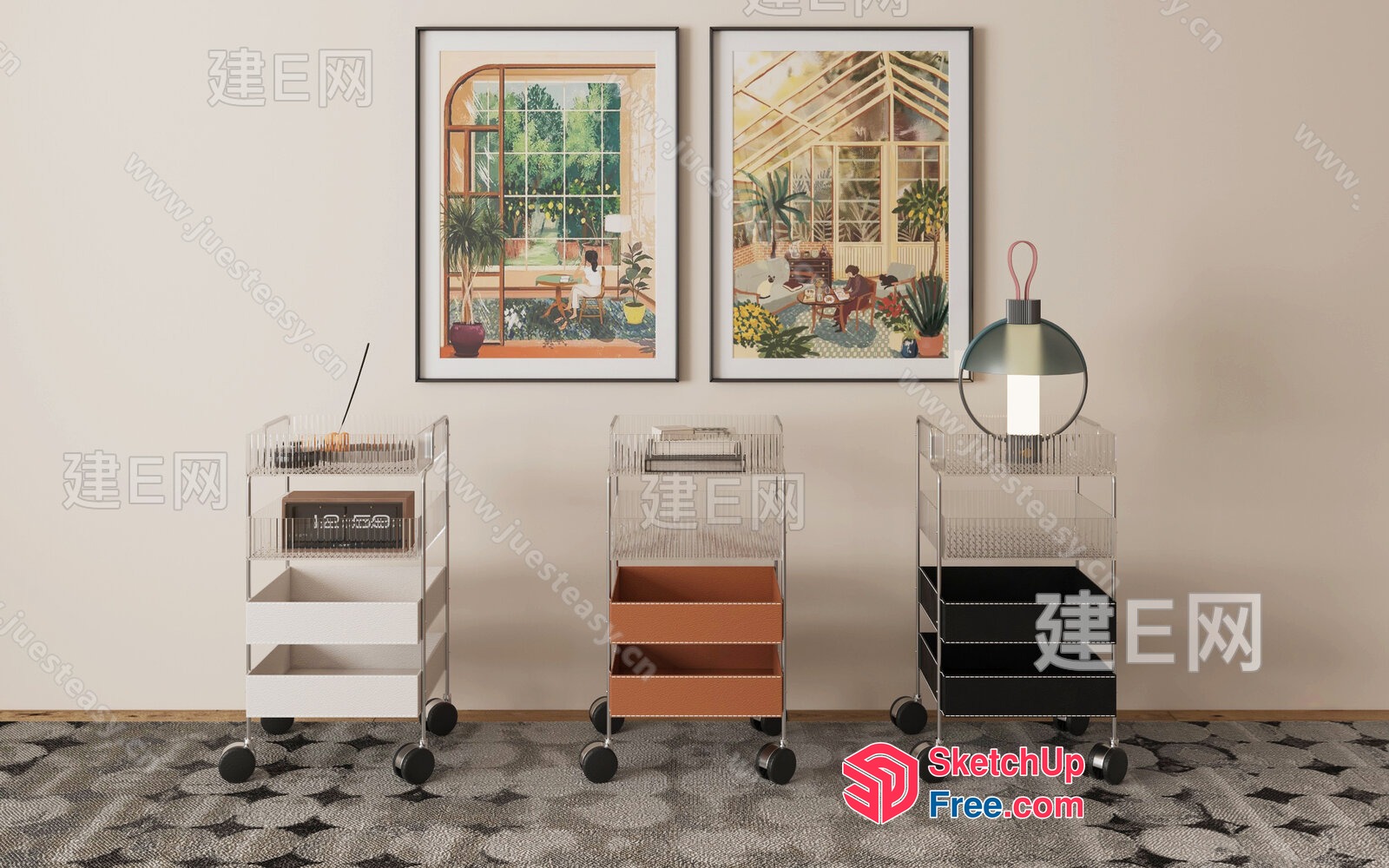 Modern Glass And Metal Rolling Storage Trolleys 3D SketchUp File