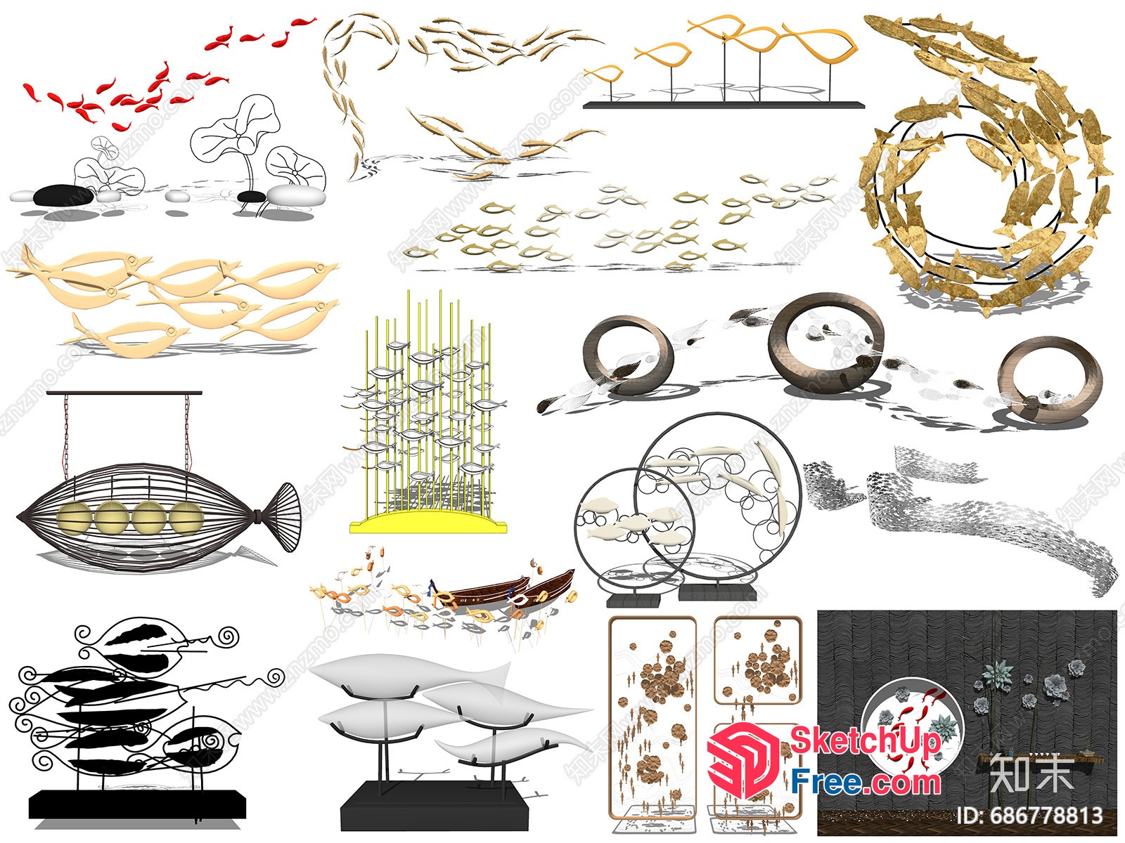 Modern Fish-Themed Decorative Art Collection 3D SketchUp File
