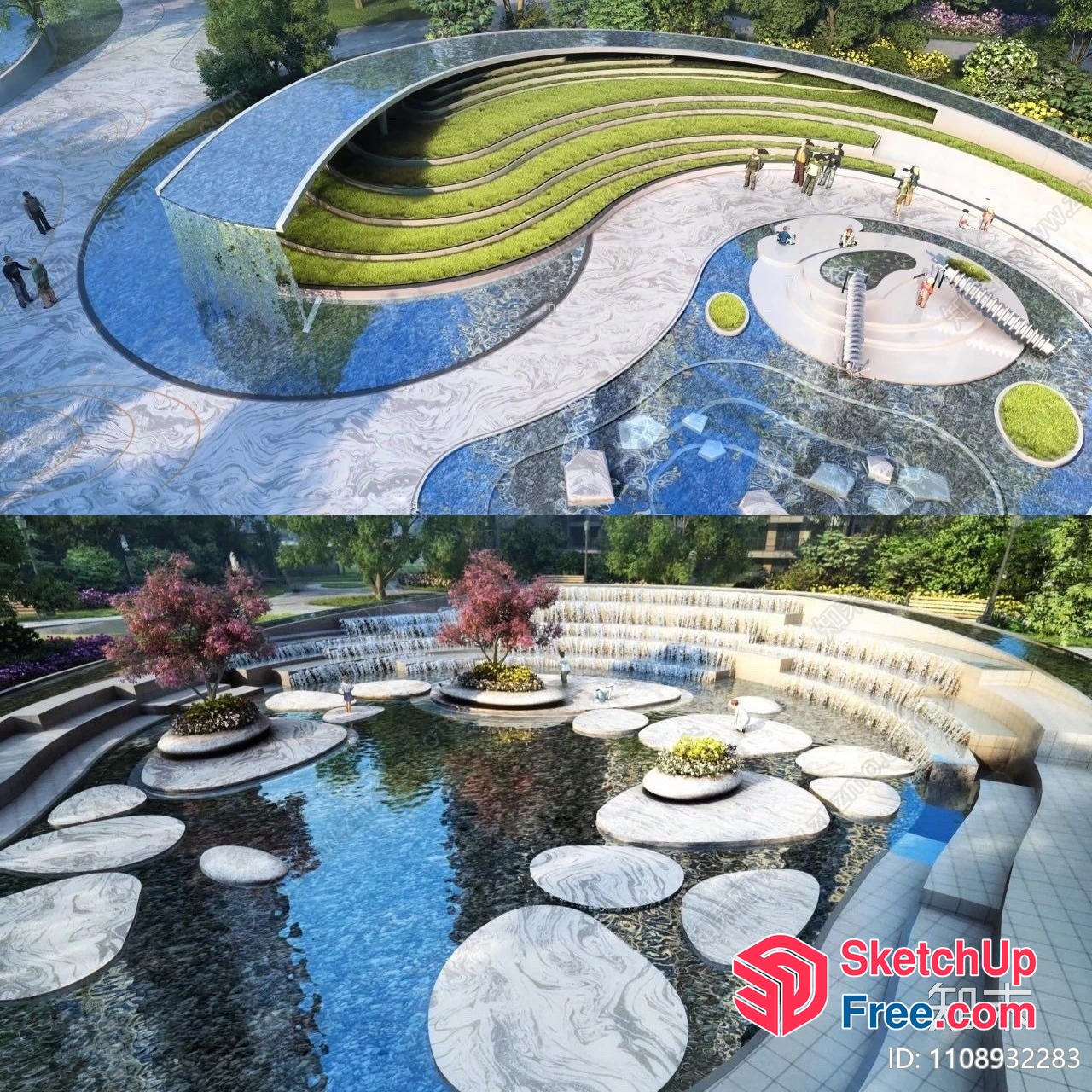 Serpentine Water Feature With Marble Accents And Lush Greenery 3D SketchUp File