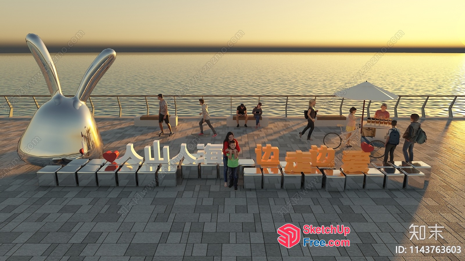 Modern Waterfront Plaza With Large Silver Rabbit Sculpture 3D SketchUp File