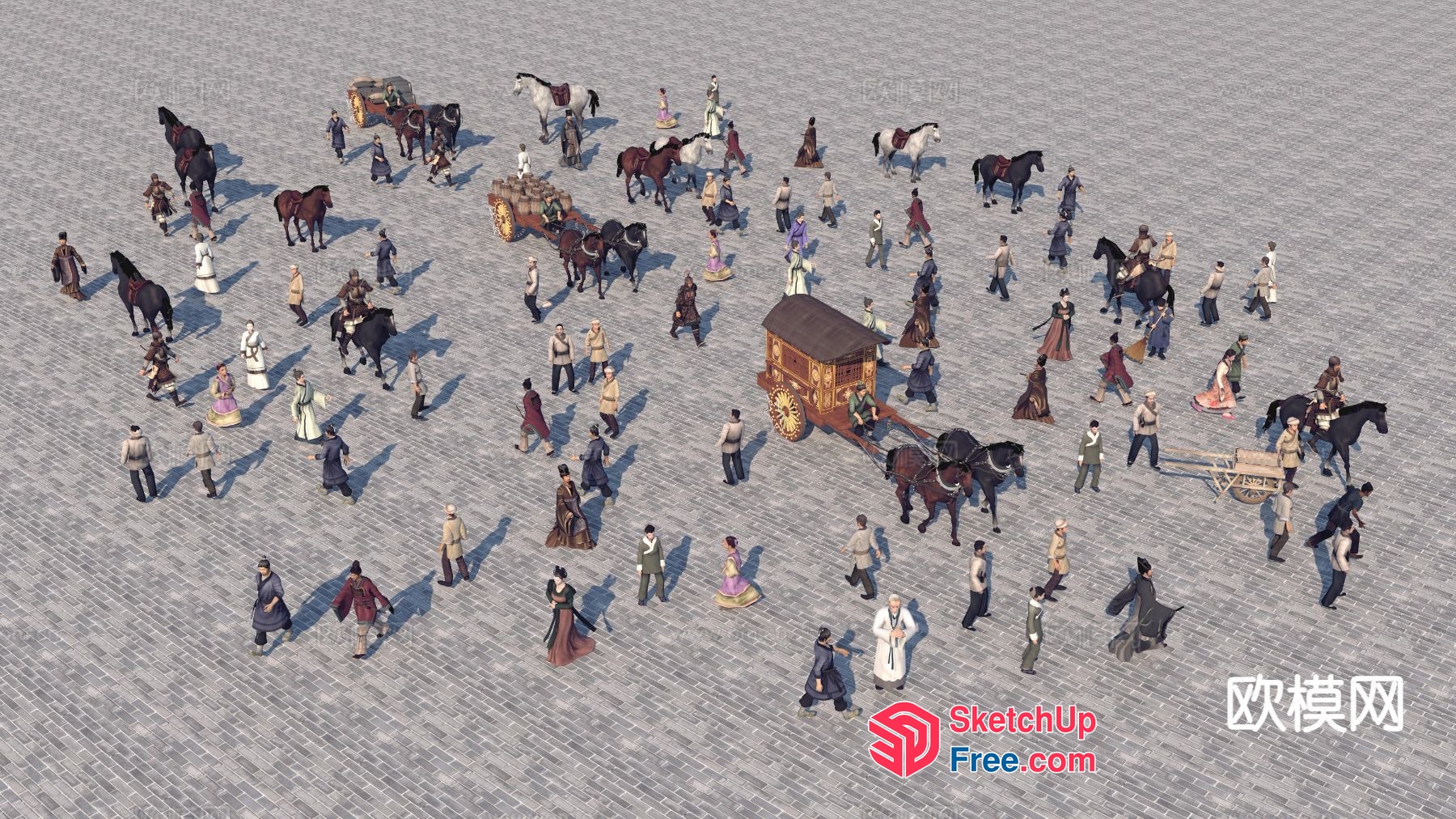People And Carriages In A Busy Street Scene 3D SketchUp File