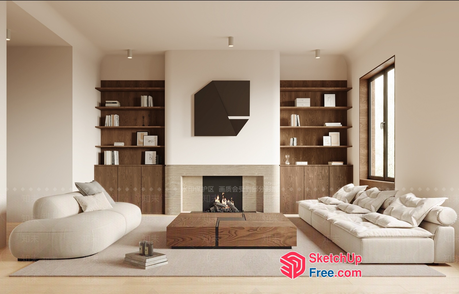 Modern Minimalist Living Room With Fireplace And Bookshelves 3D SketchUp File