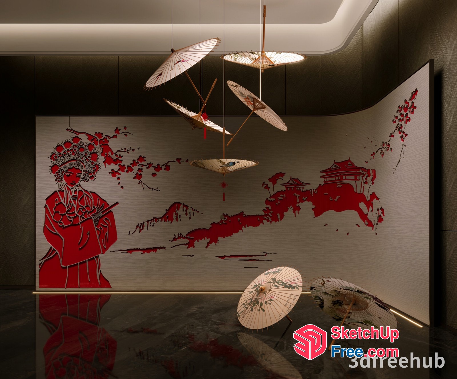 Oriental Decorative Wall With Hanging Umbrellas 3D SketchUp File