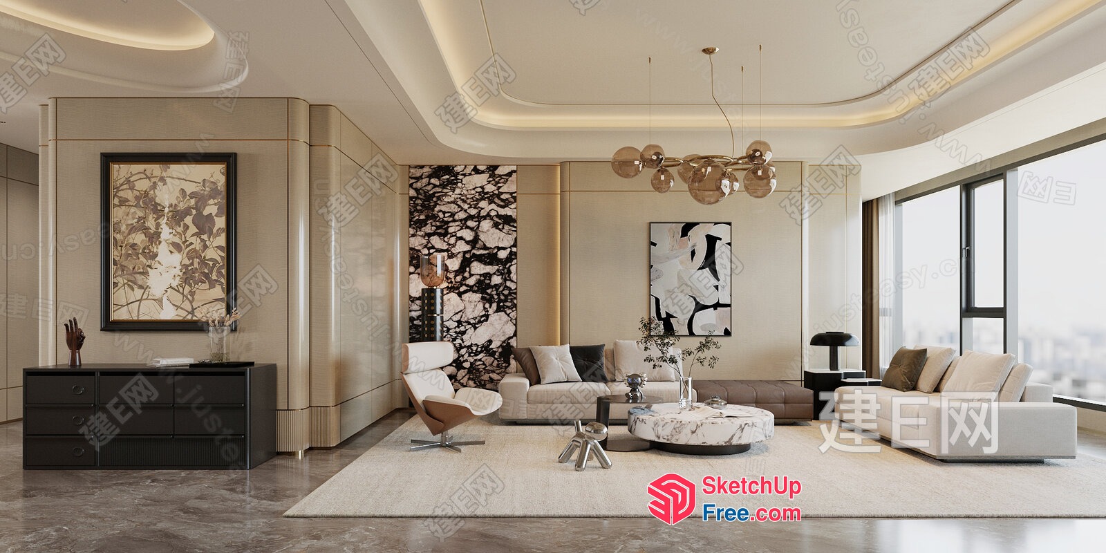 Modern Minimalist Living Room With Elegant Ceiling Light 3D SketchUp File