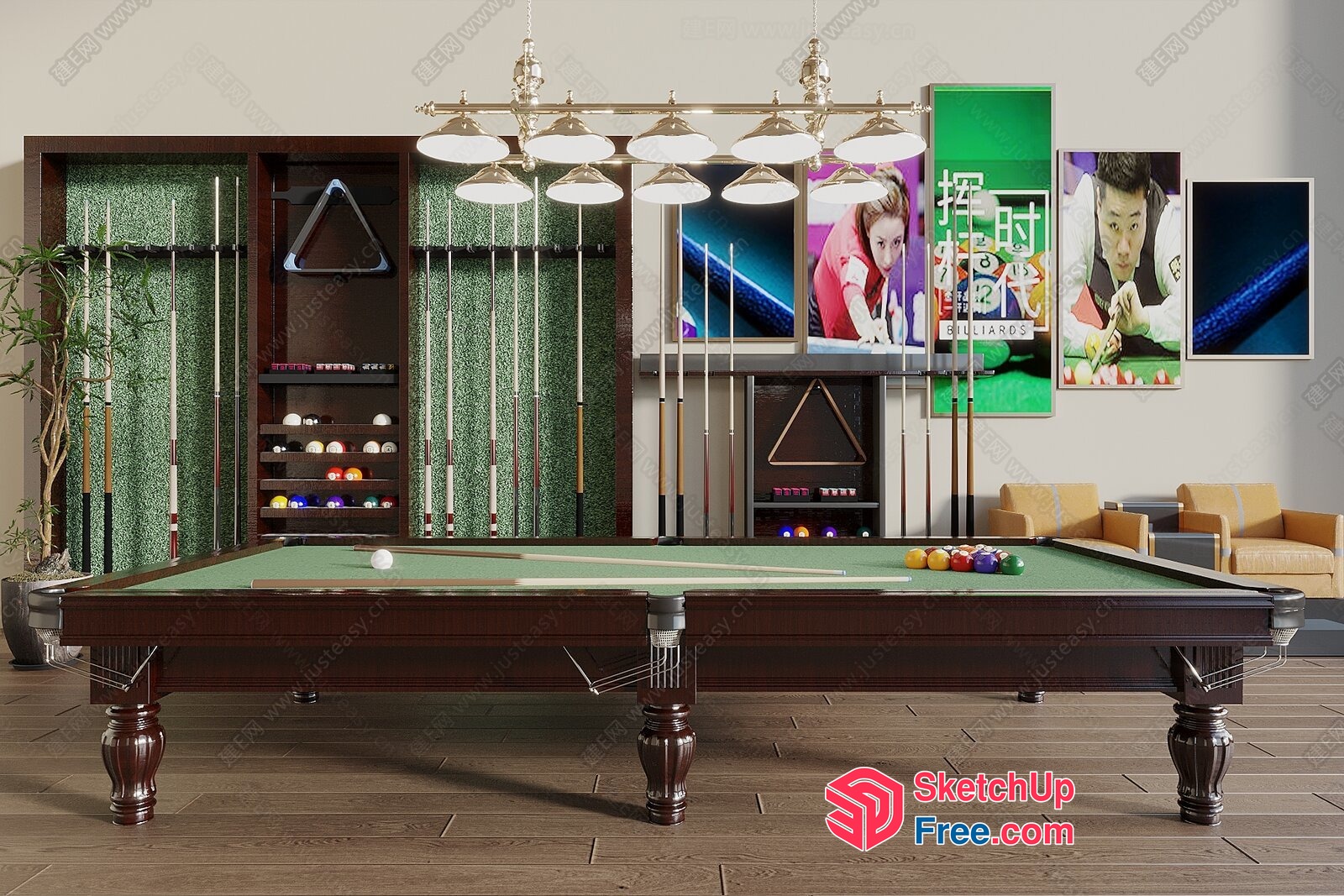 Billiard Room Interior With Classic Billiard Table 3D SketchUp File