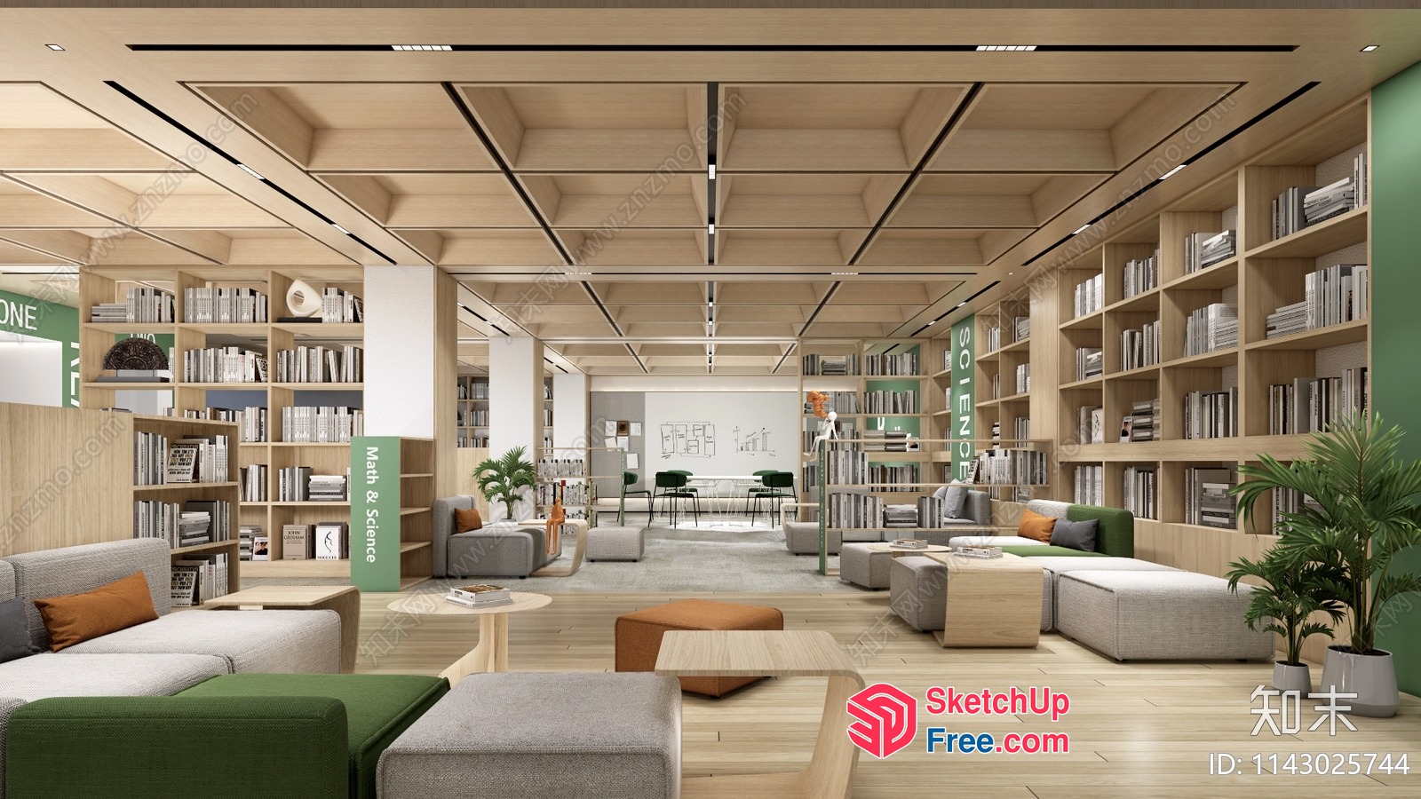 Modern Library Interior With Natural Wood Accents And Comfortable Seating 3D SketchUp File