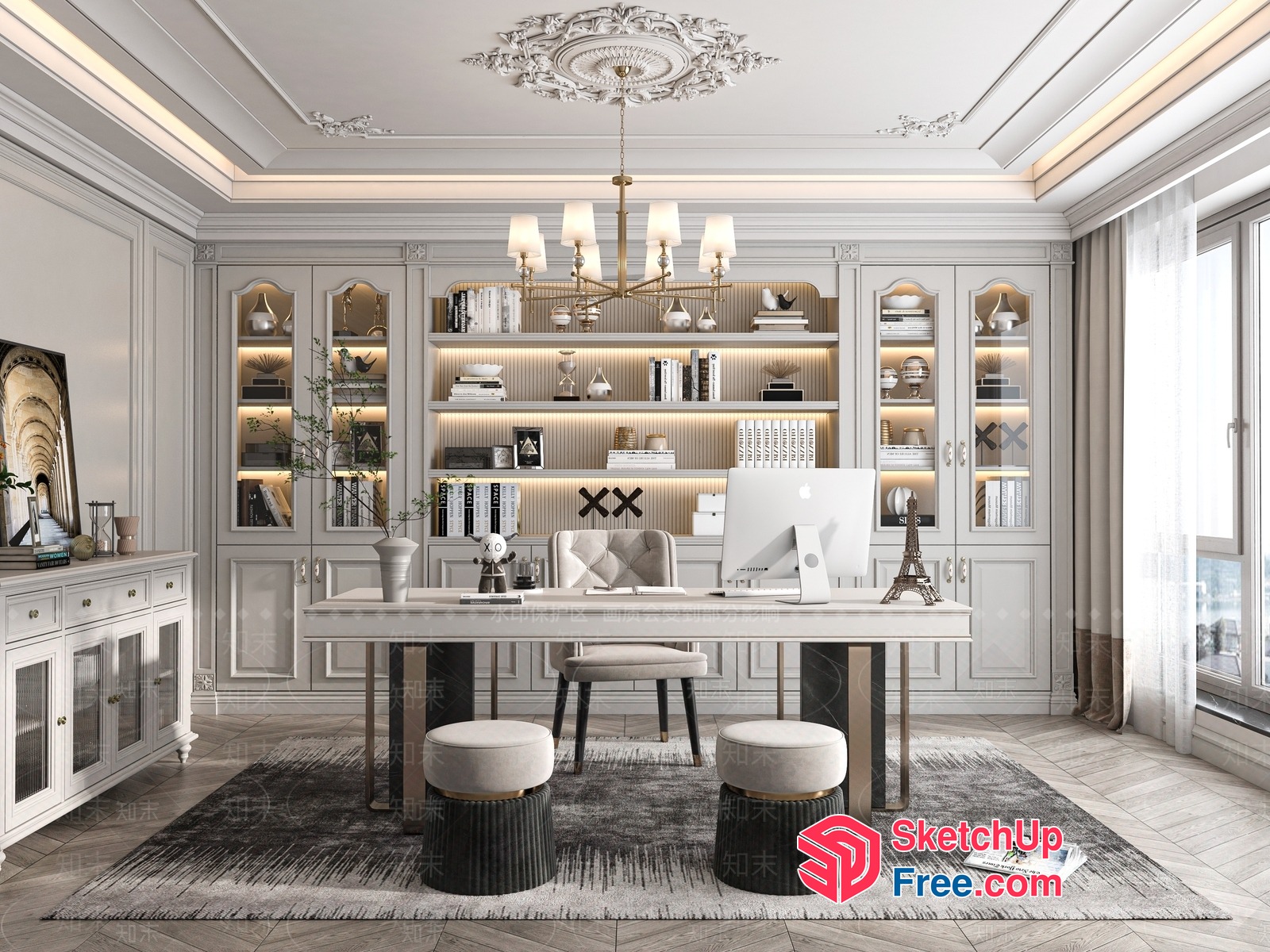 Elegant Office Interior With Classic Moulding And Comfortable Seating 3D SketchUp File