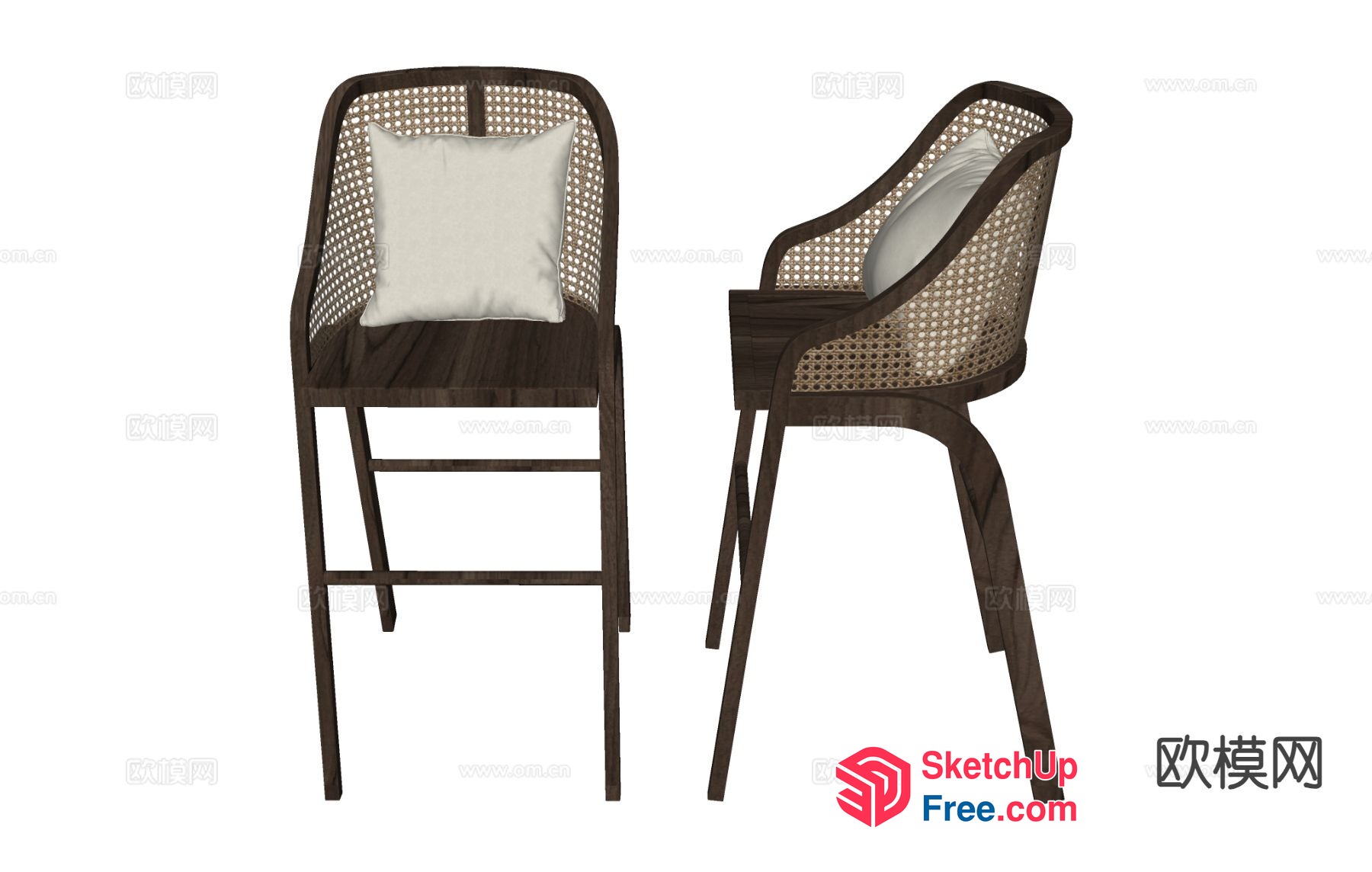 Wooden Chair With Cane Backrest And Cushion 3D SketchUp File
