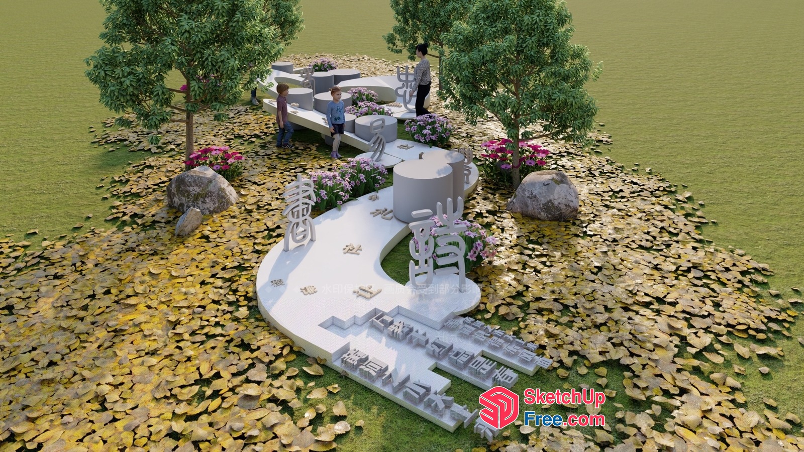 Outdoor Cultural Scene With Unique Architectural Elements 3D SketchUp File