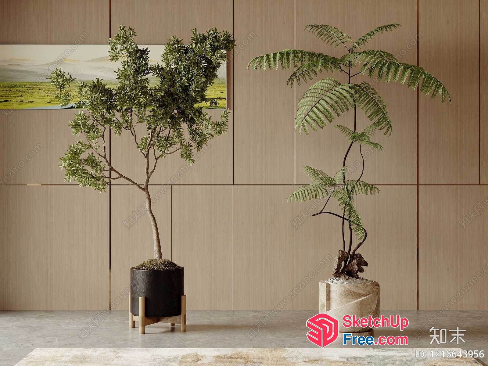 Elegant Interior Decor With Potted Plants And Tree 3D SketchUp File