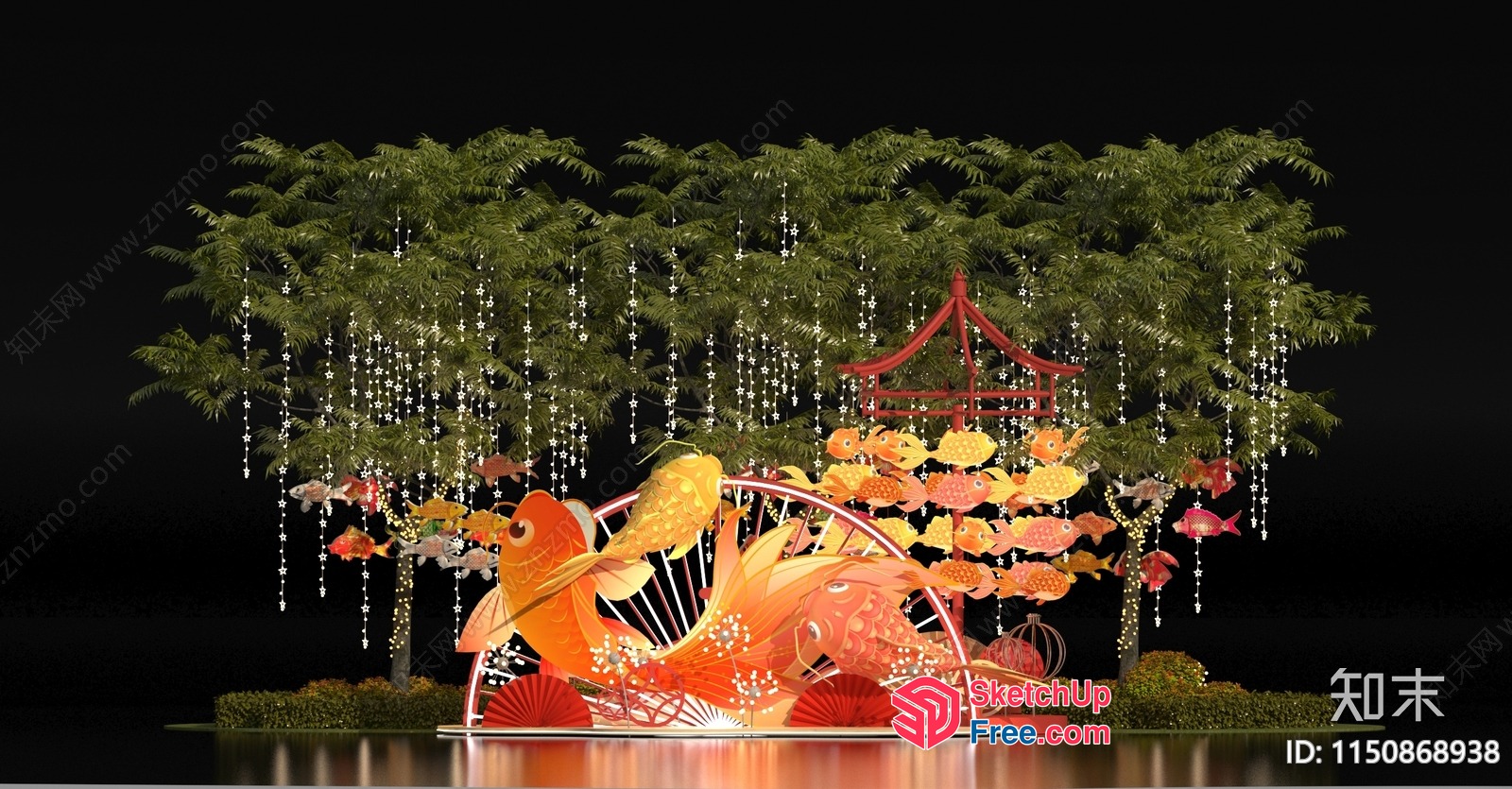 Japanese Style Decorated Stage With Fish And Lanterns 3D SketchUp File