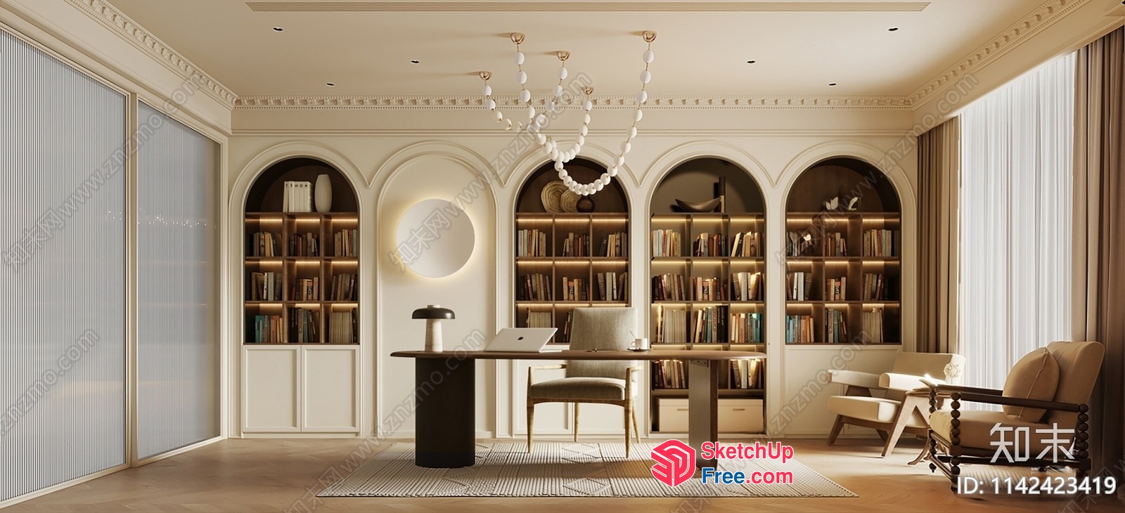 Elegant Classic Office Interior With Modern Bookshelves 3D SketchUp File