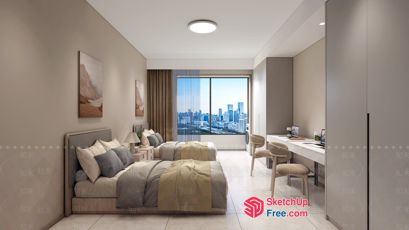 Modern Minimalist Bedroom With City View 3D SketchUp File