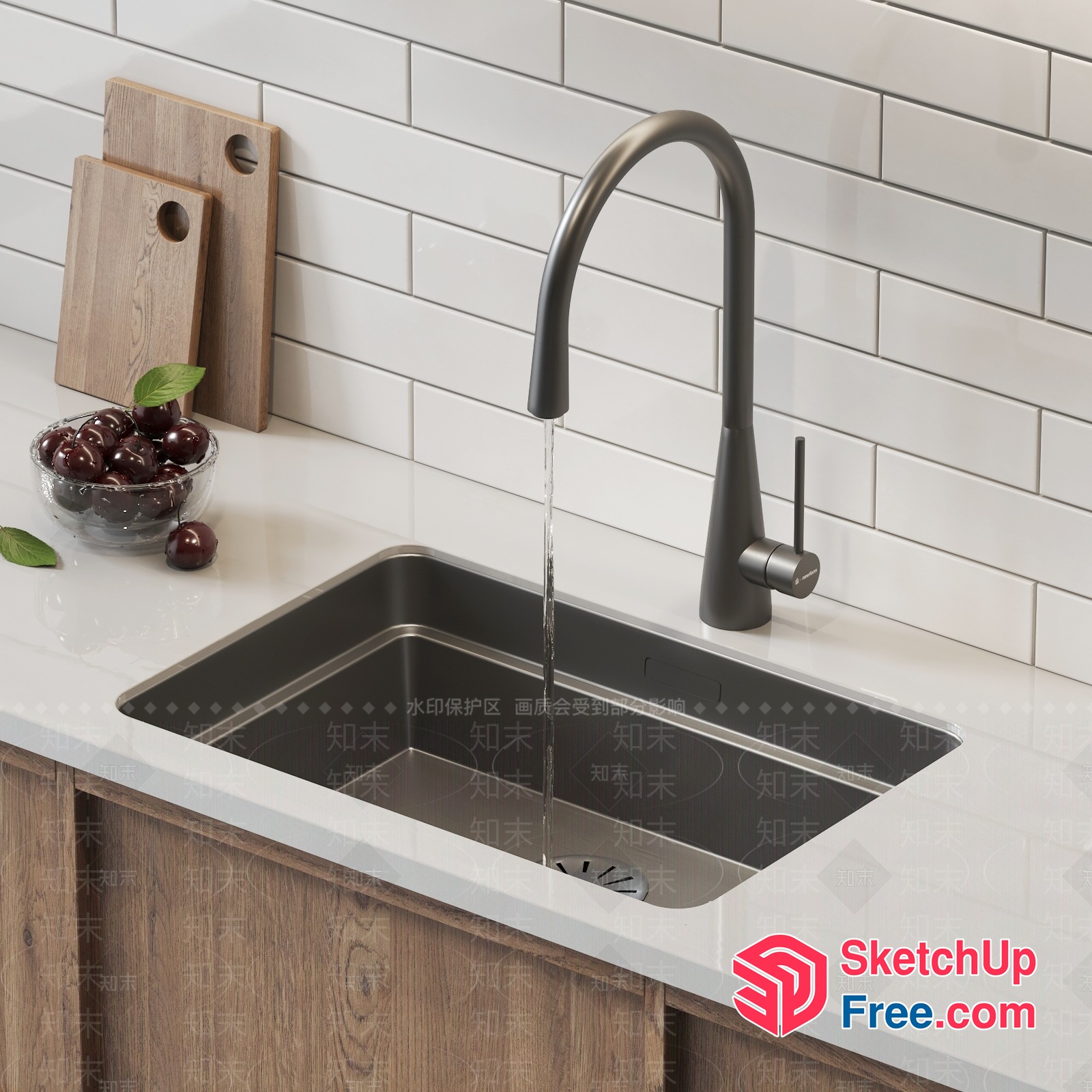 Modern Kitchen Sink With Faucet And Wooden Cabinets 3D SketchUp File
