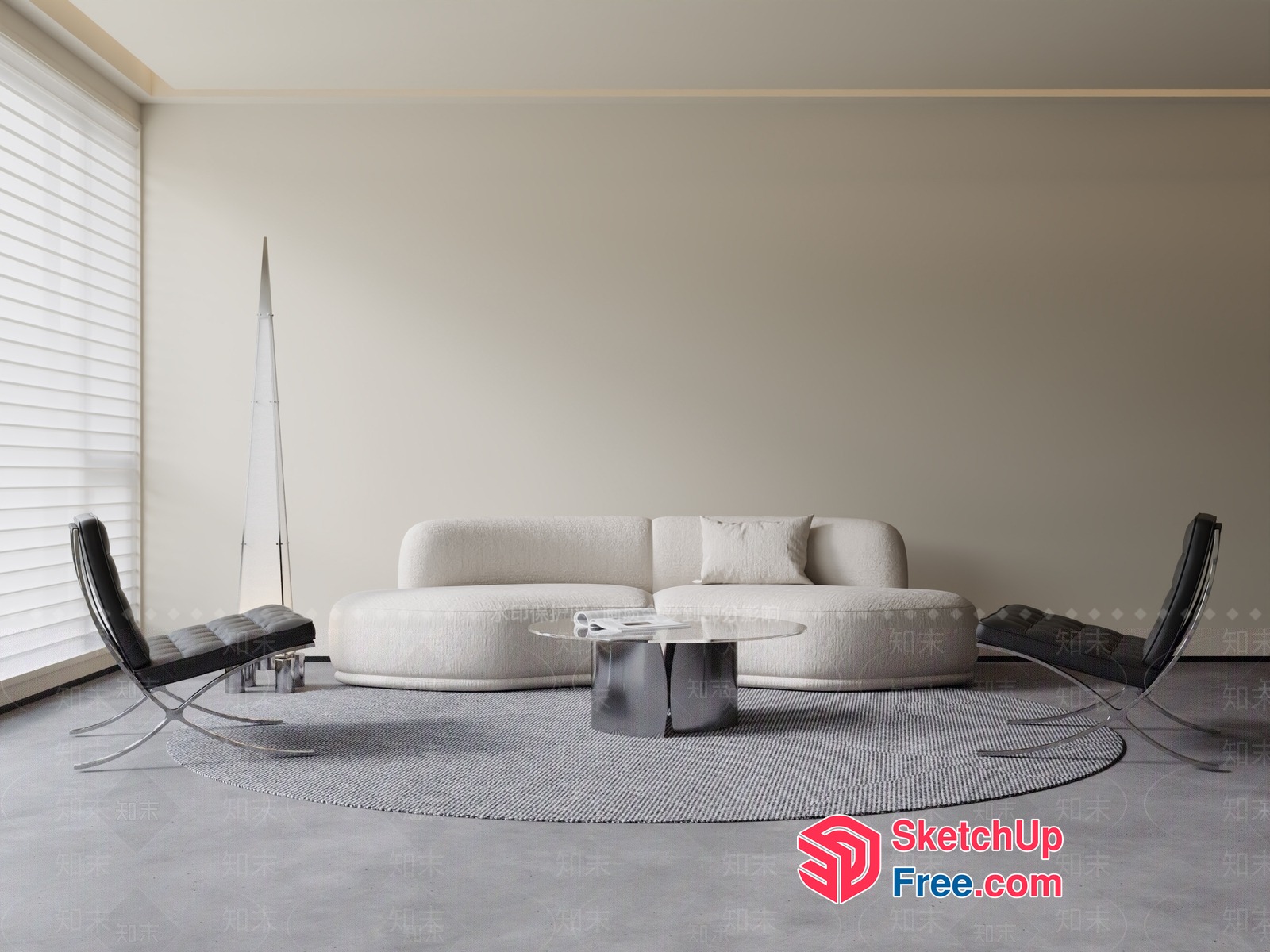 Minimalist Living Room With Creamy Sofa And Glass Coffee Table 3D SketchUp File