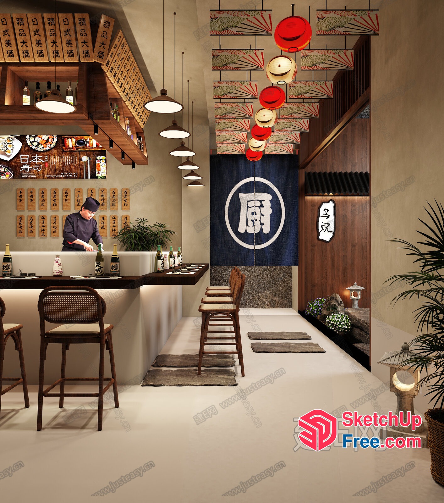 Japanese Restaurant Interior With Traditional Decor 3D SketchUp File