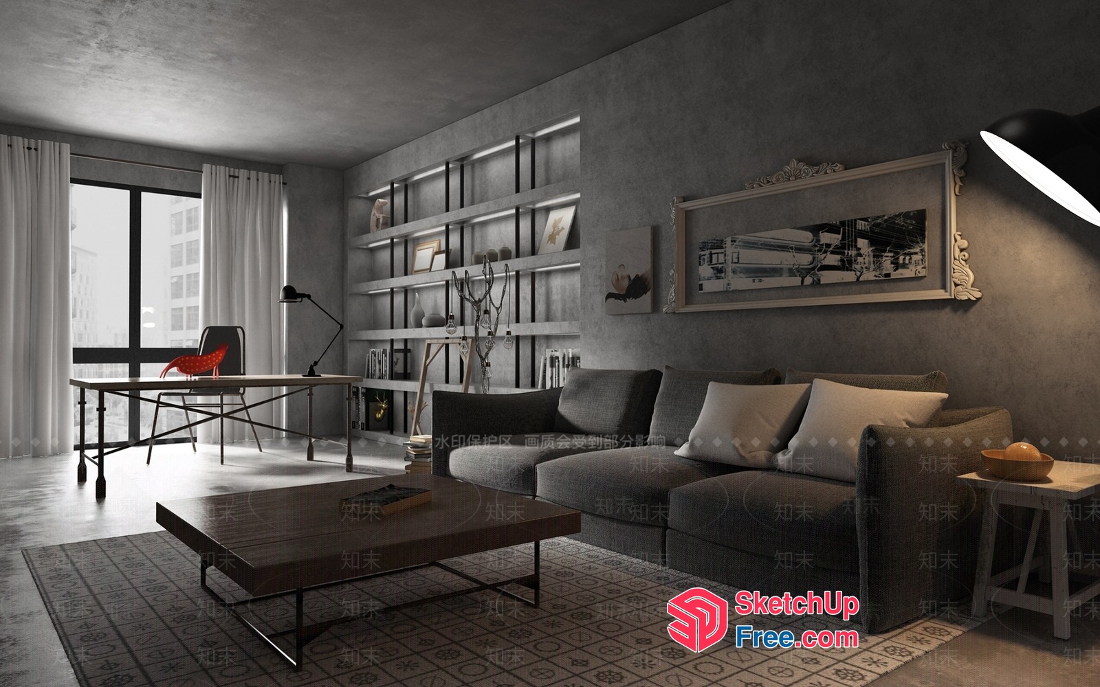 Modern Industrial Living Room With Bookcase And Desk 3D SketchUp File