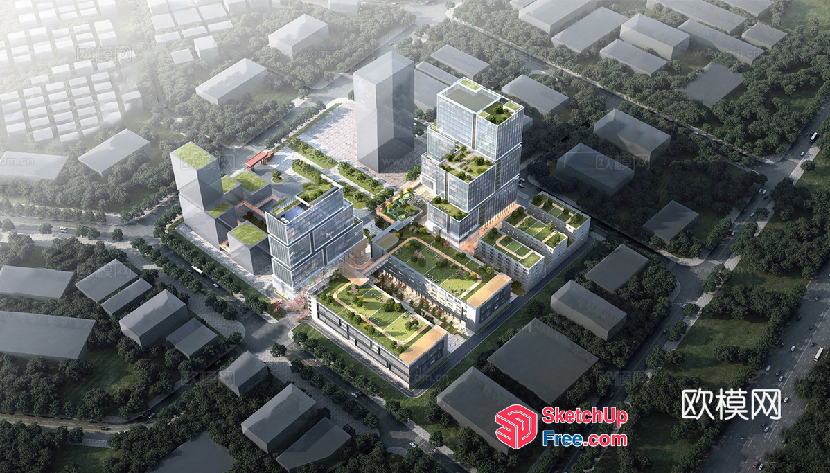 Modern Commercial Building With Green Roof And Urban Park 3D SketchUp File