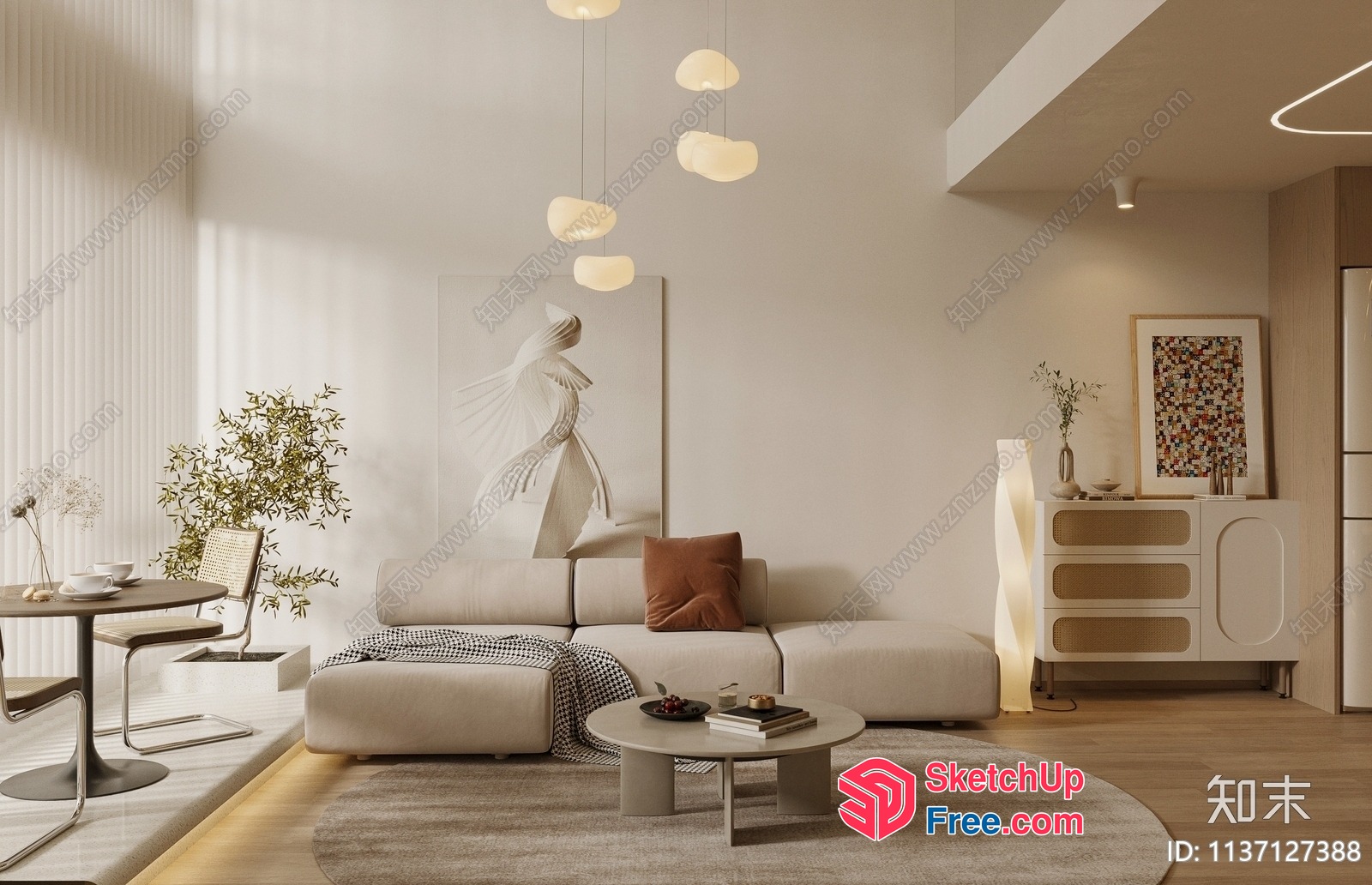 Modern Minimalist Living Room With Creamy Style Furniture 3D SketchUp File