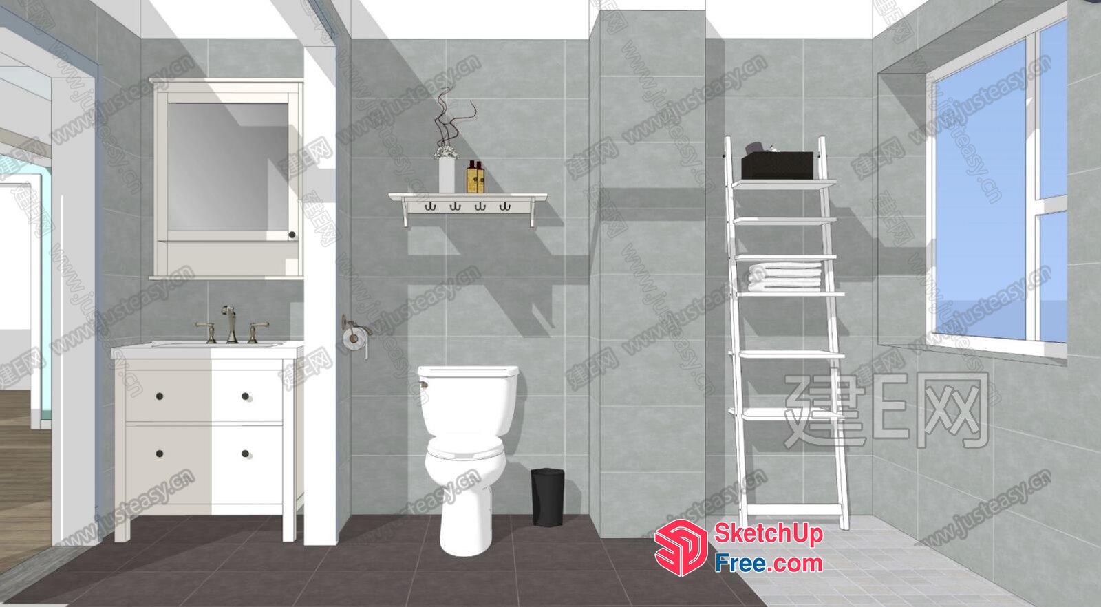 Modern Bathroom With White Fixtures And Grey Tiled Walls 3D SketchUp File