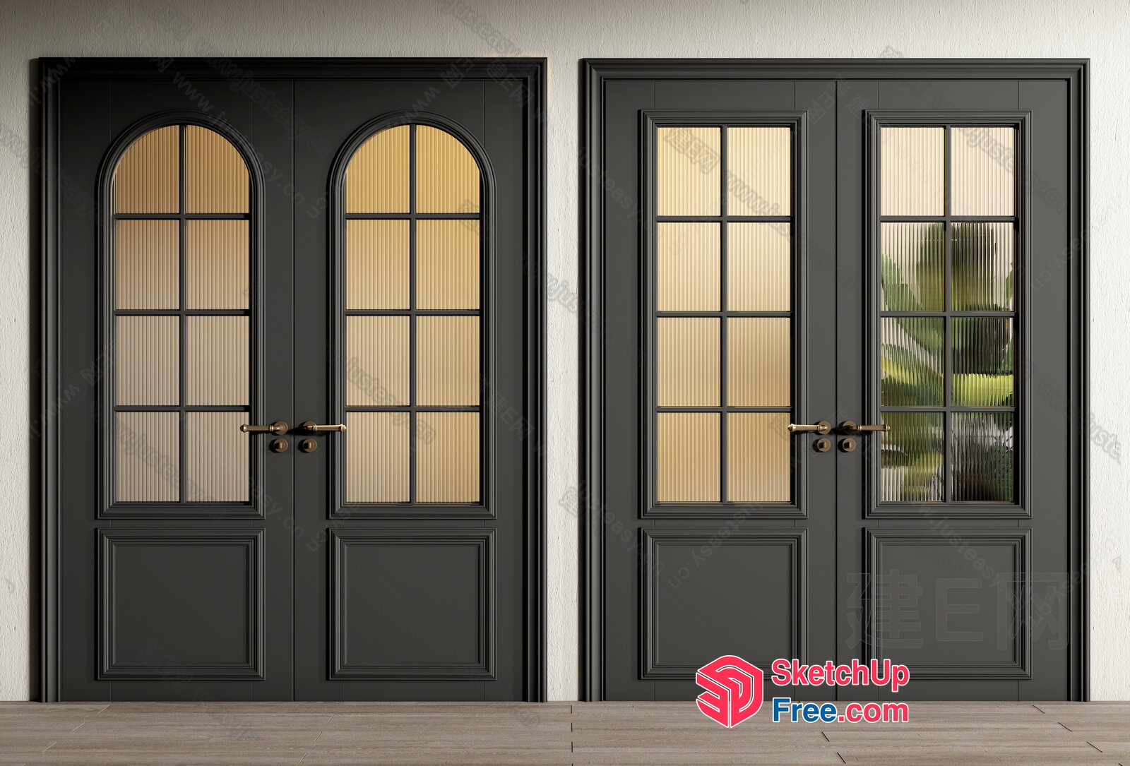 Elegant Black Double Doors With Glass Panels 3D SketchUp File