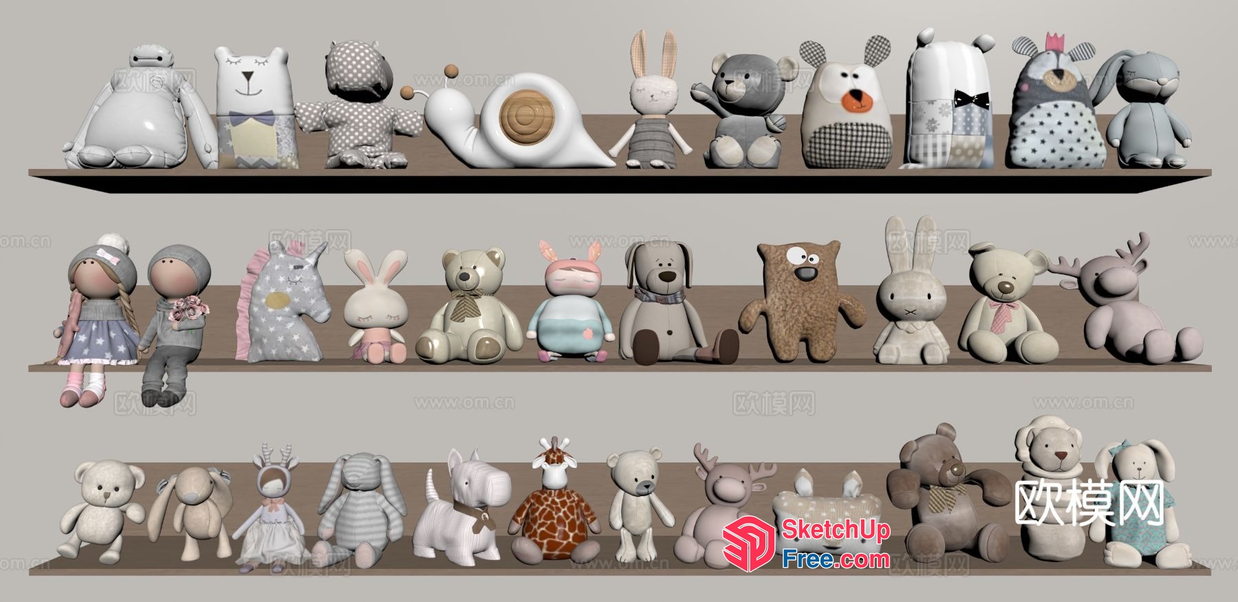 Colorful Stuffed Animals On Wooden Shelves 3D SketchUp File