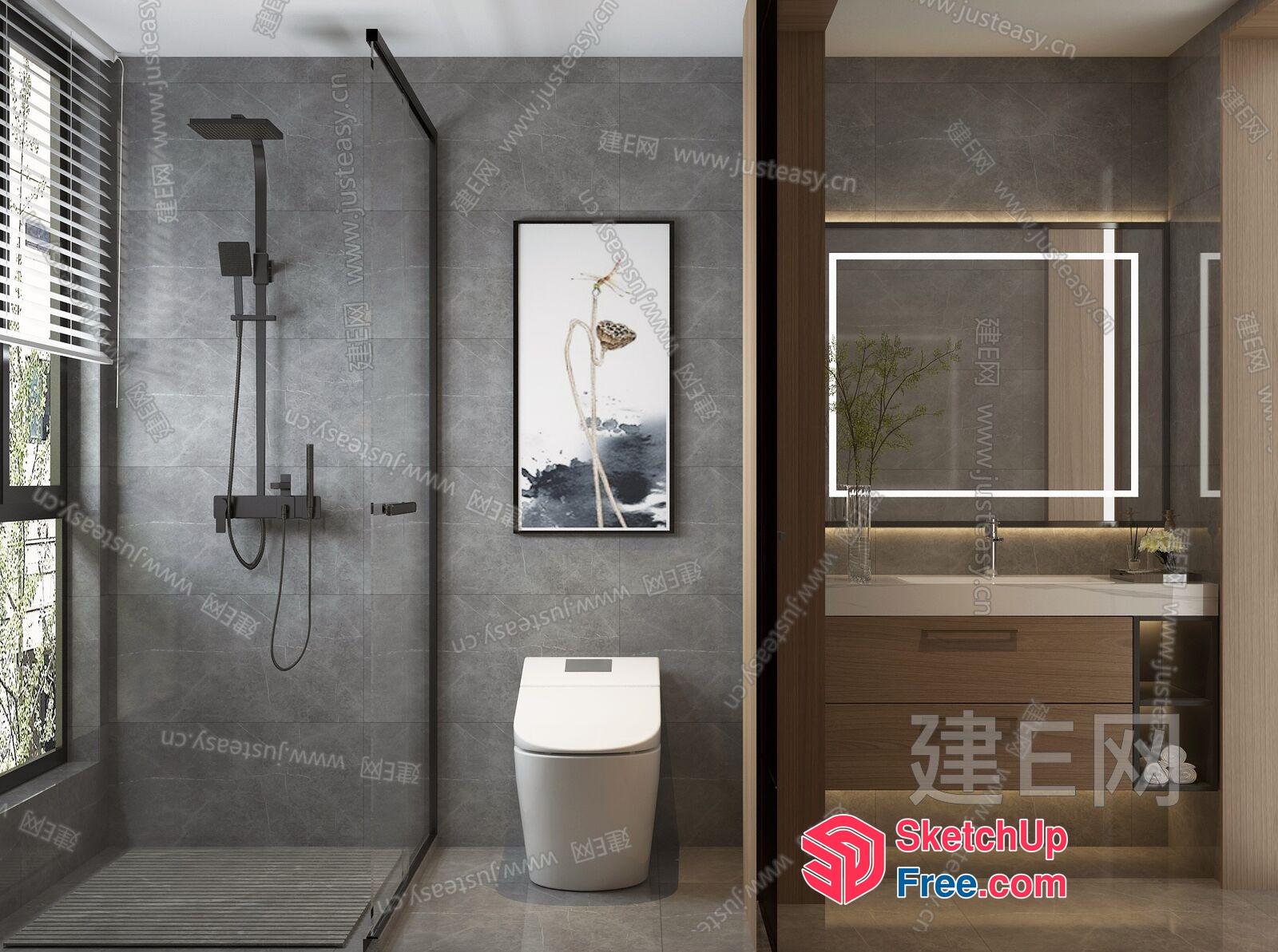 Modern Bathroom With White Toilet And Shower 3D SketchUp File