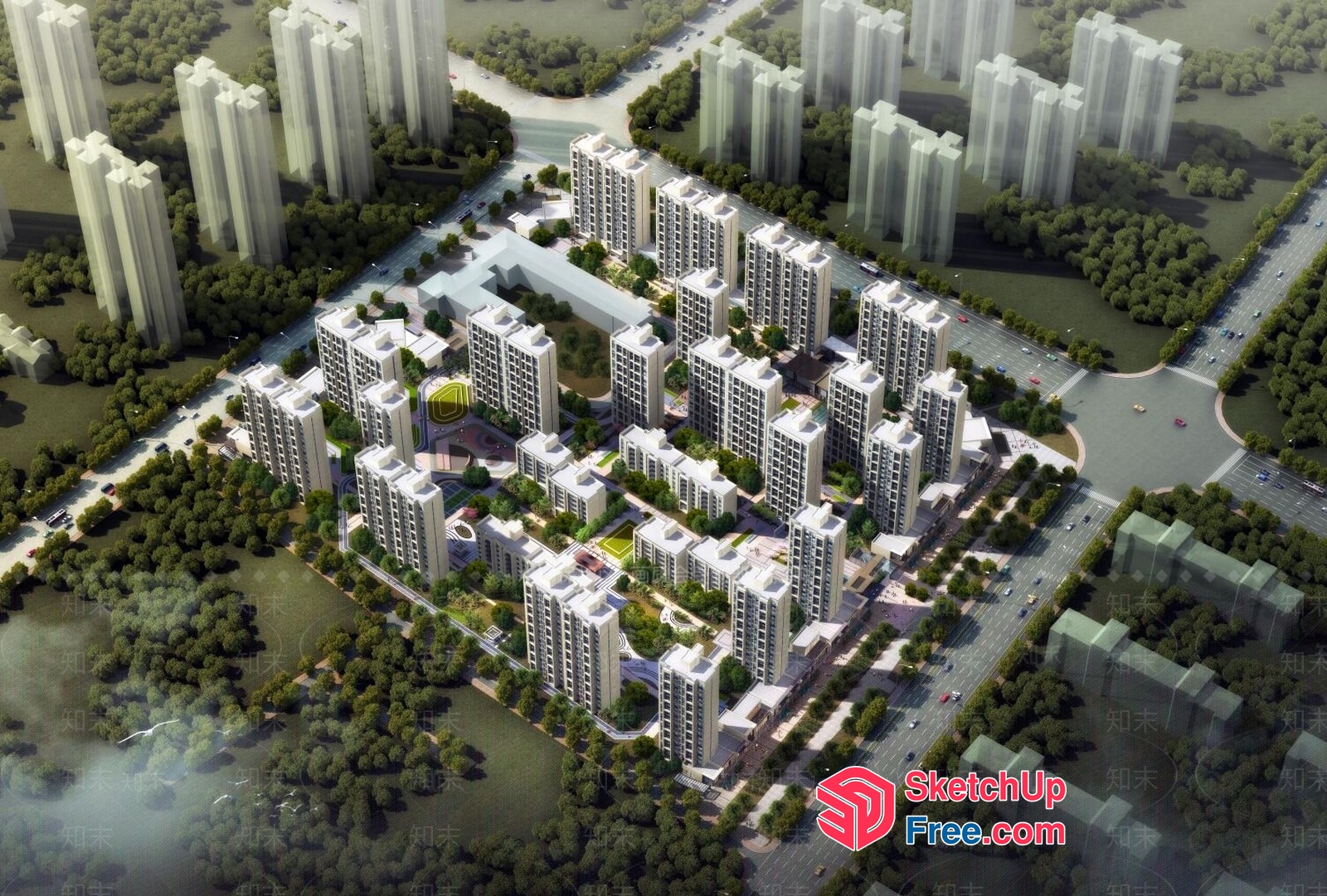 Modern Urban Residential Complex With Green Spaces 3D SketchUp File